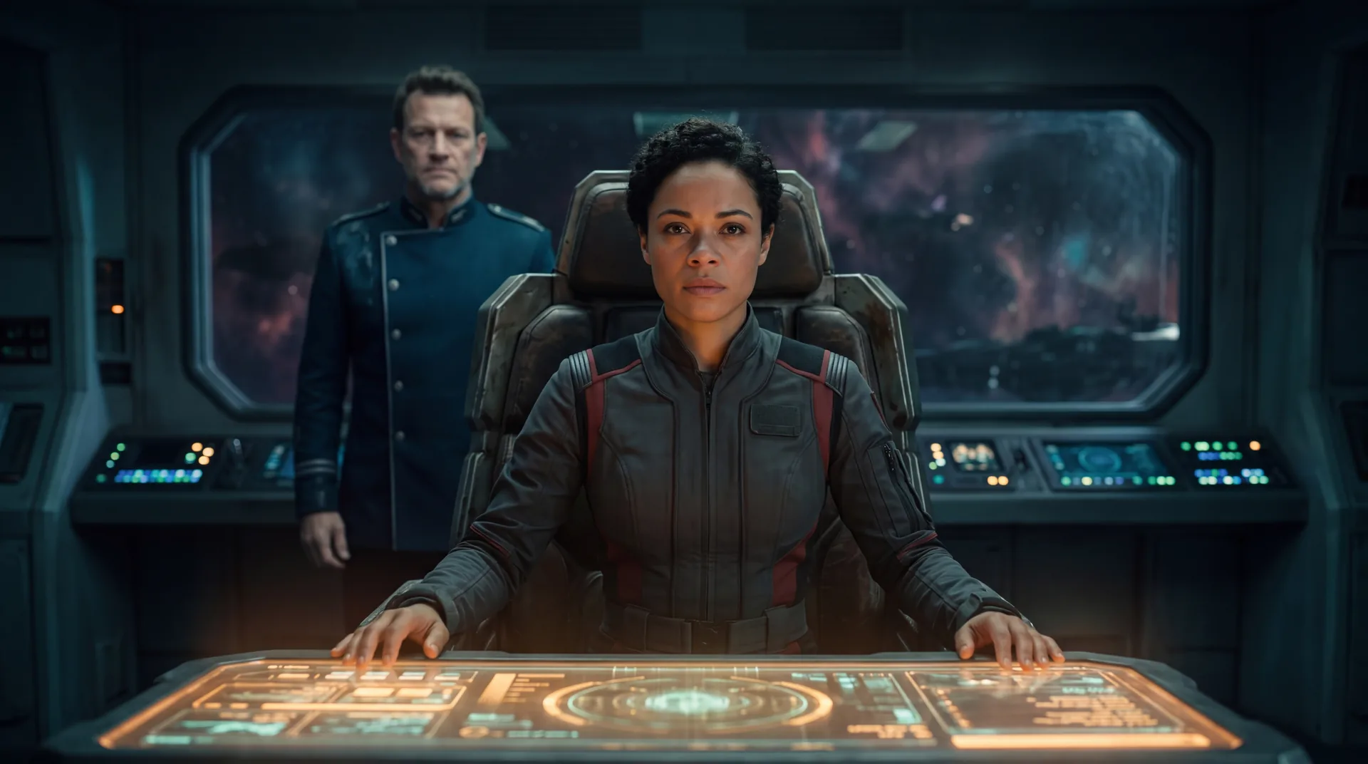A woman in the command chair of a darkened bridge, turned to face the room, a second officer standing lit a few paces behind her