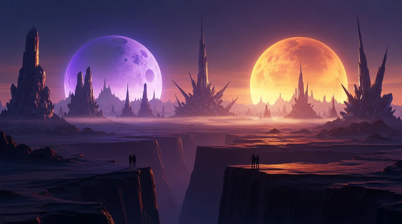 Two distant figures standing on opposite sides of a deep canyon at dusk, twin moons rising behind them, the gap between them lit purple and amber