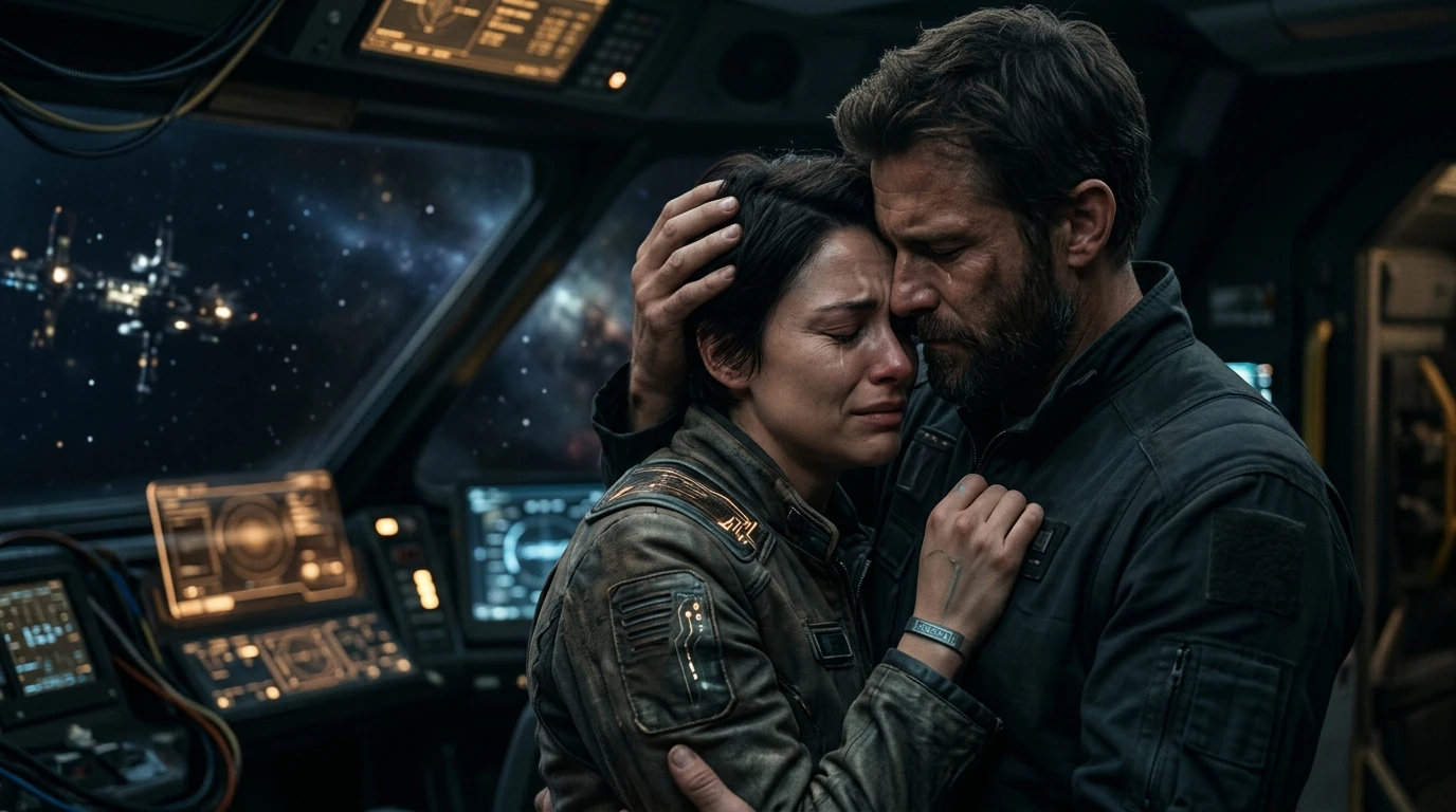 Two crew members holding each other in the dim cockpit of a small ship, her face turned into his shoulder, a starfield and distant city lights beyond the canopy