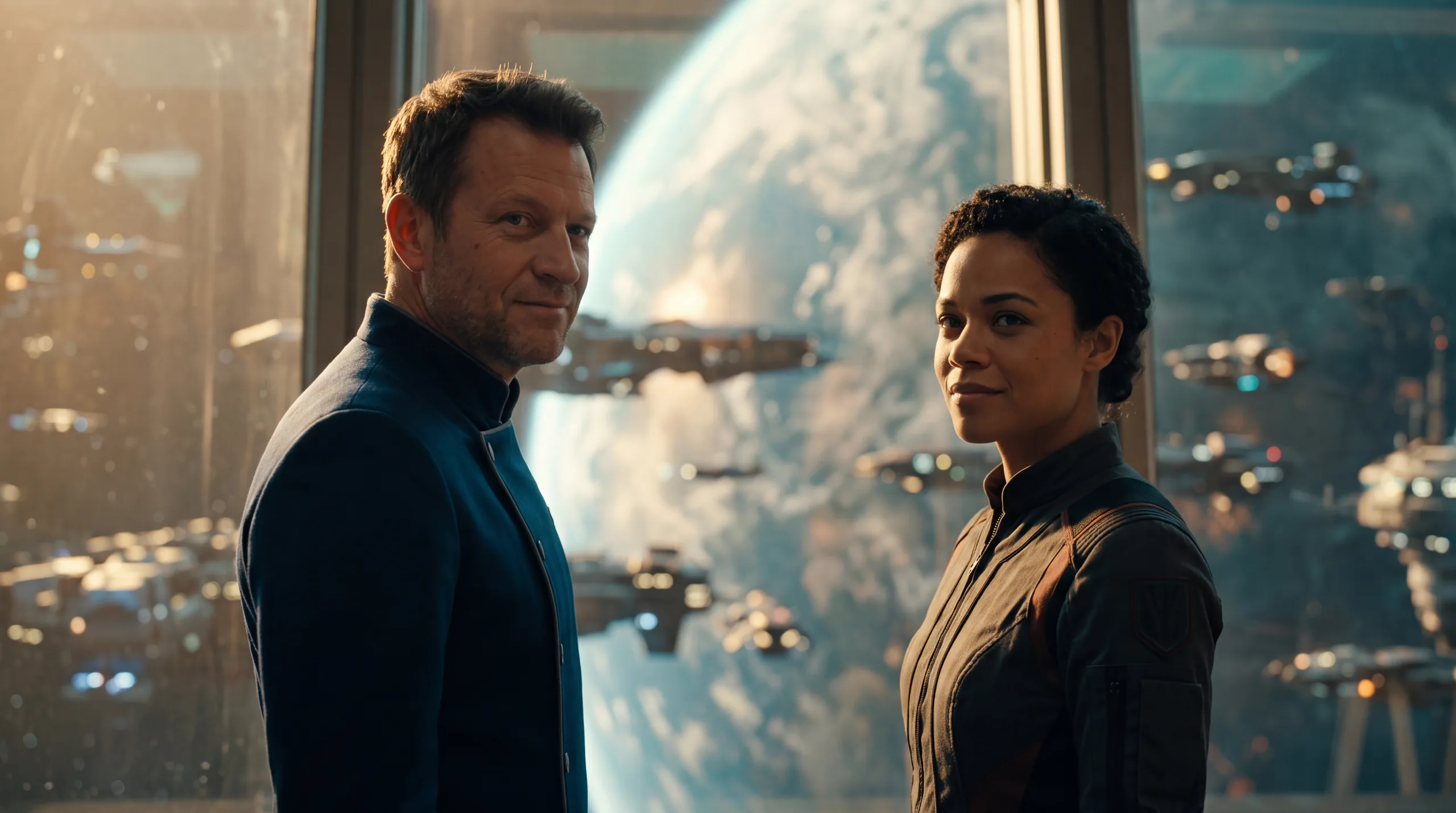 The two human leads standing together at a wide station window, a planet and a ring of docked warships beyond the glass