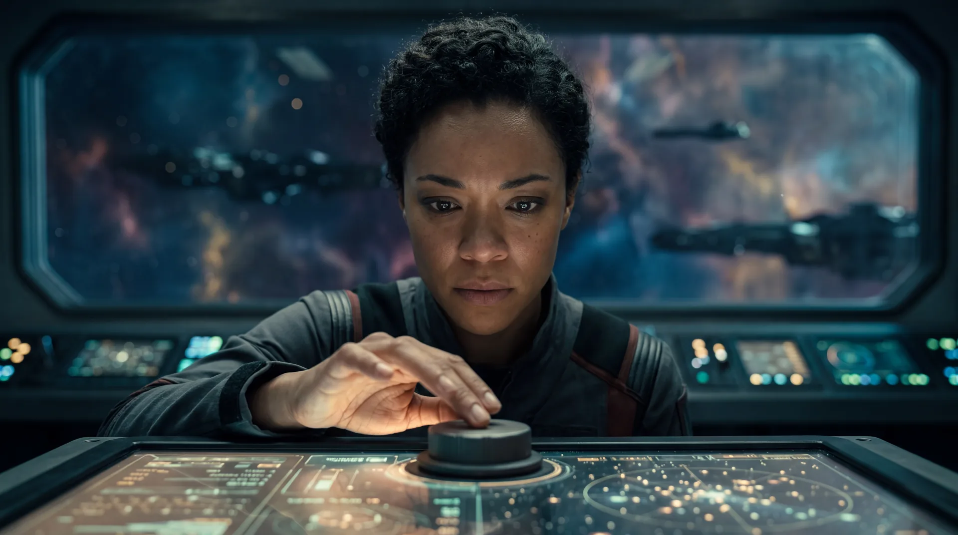A woman at a navigation console, her face lit from below by the chart glow, one hand resting on a control she has not yet pressed