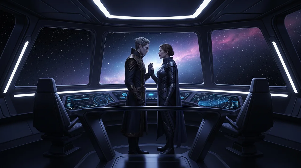 Two figures facing each other across the wide bridge of a starship, a violet starfield through the forward viewport between them