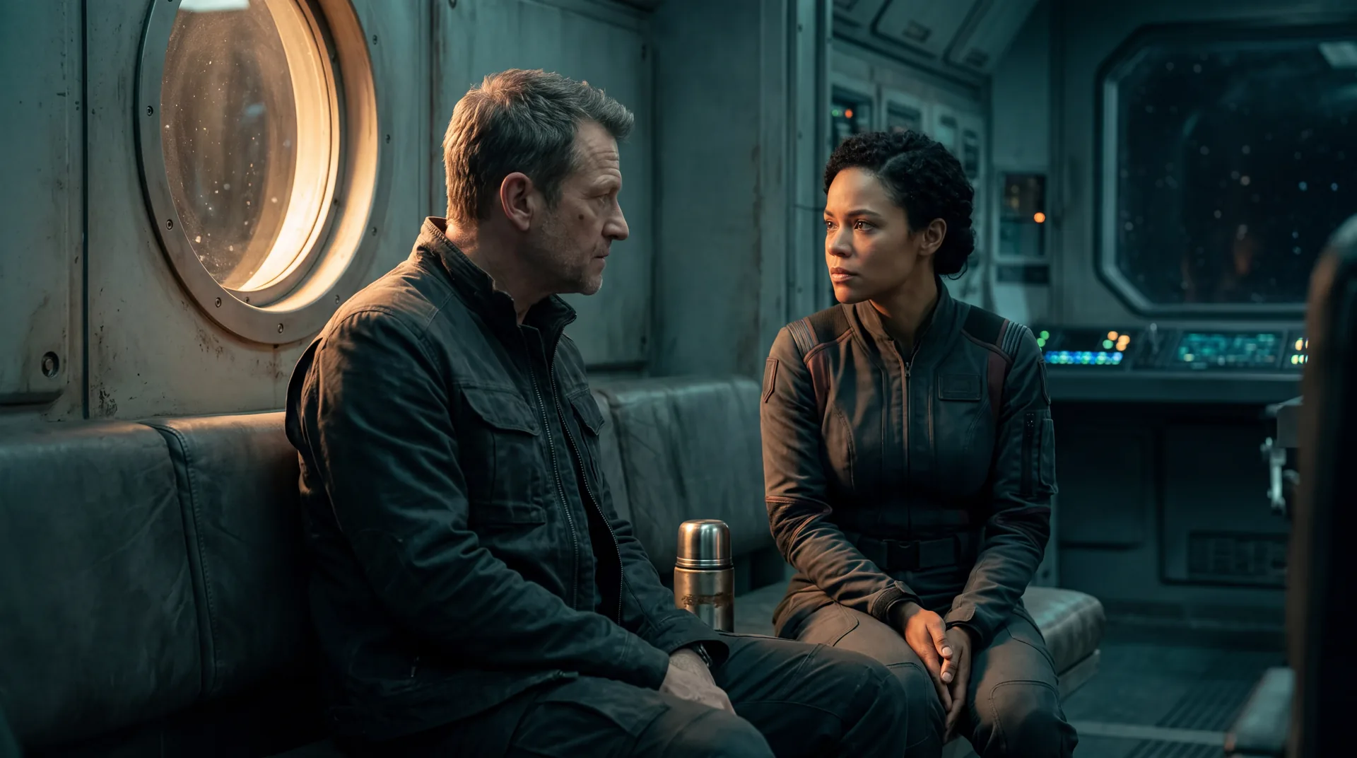 Two crew sitting close on a bench beside a porthole, turned toward each other in a quiet moment between crises