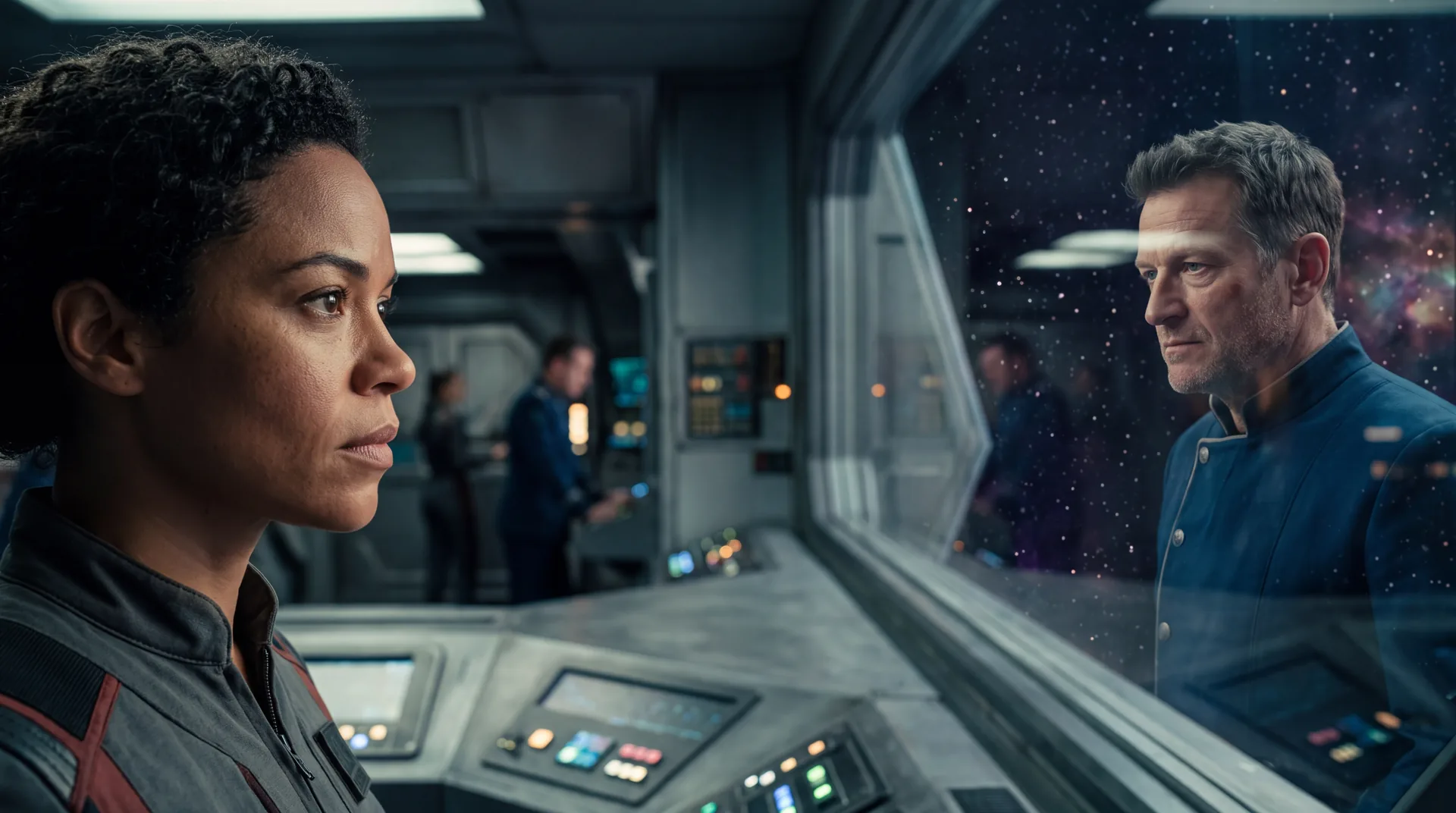 A woman in the foreground looking one way while the man reflected in the viewport glass looks the other, two points of view in one shot