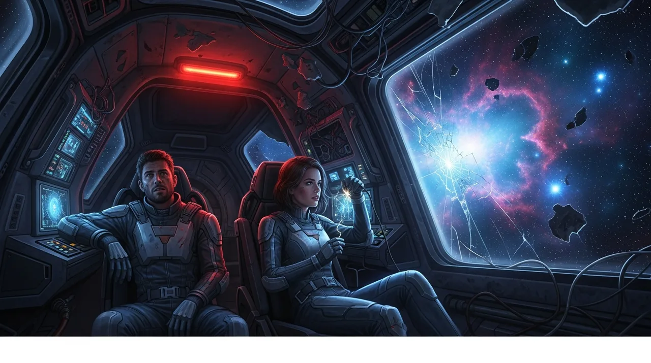 Two crew members strapped into the seats of a small ship's cockpit under a red alert light, close together in the cramped space with a nebula and drifting debris beyond the canopy