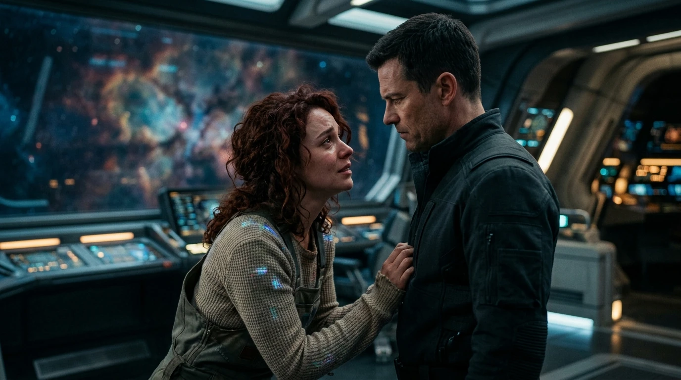 A guarded captain and an optimistic crew member close together in confined quarters, the core grumpy sunshine sci fi romance beats