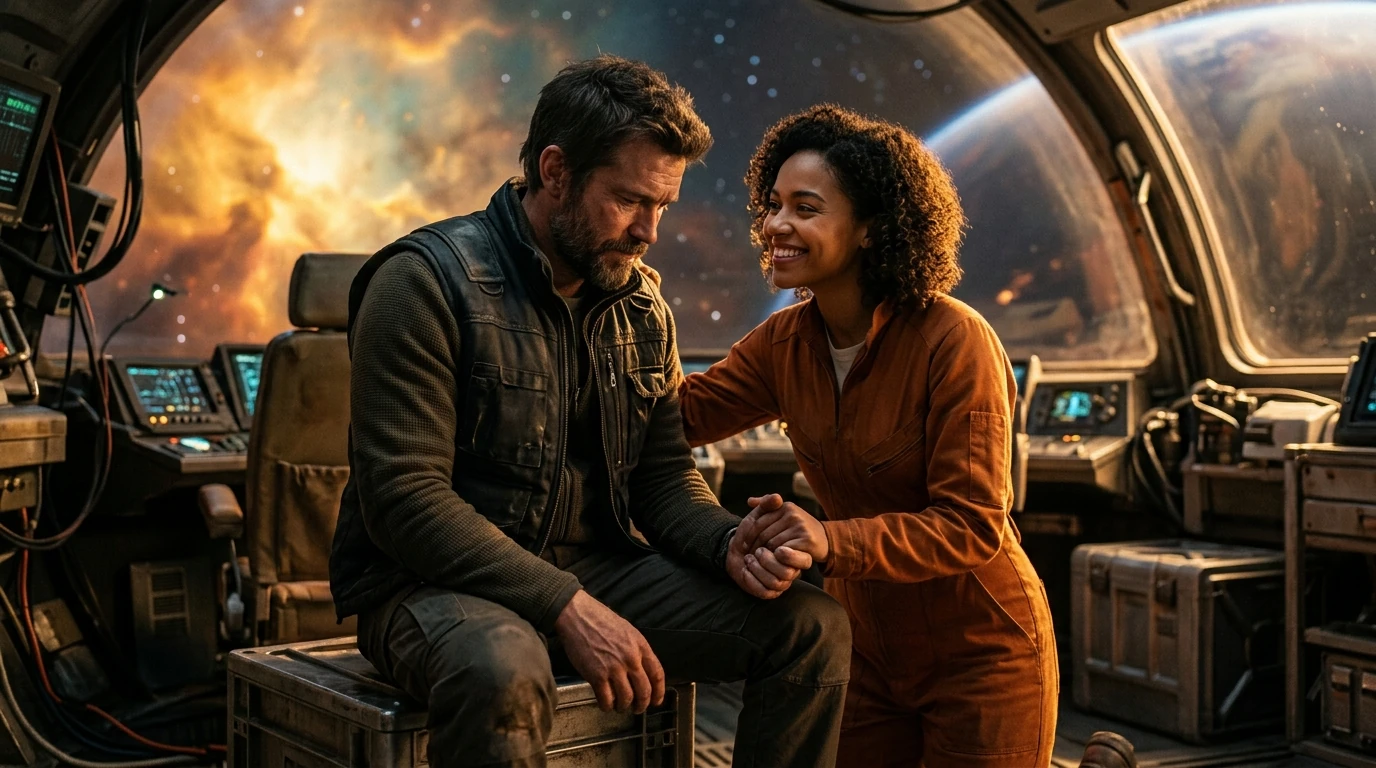 A closed captain finally softening toward a warm crew member among the stars, the payoff of grumpy sunshine sci fi romance