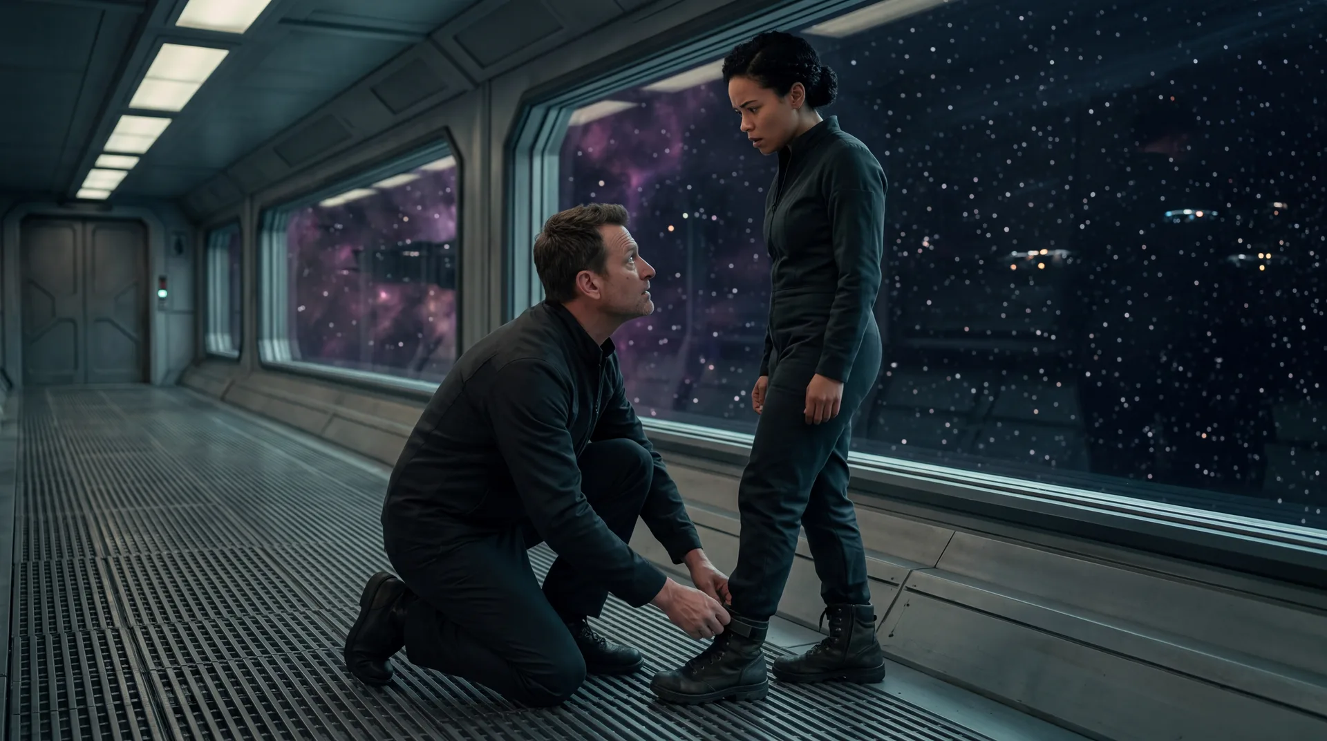 A stoic captain watching a crew member who has no idea, the quiet ache that defines he falls first sci fi romance