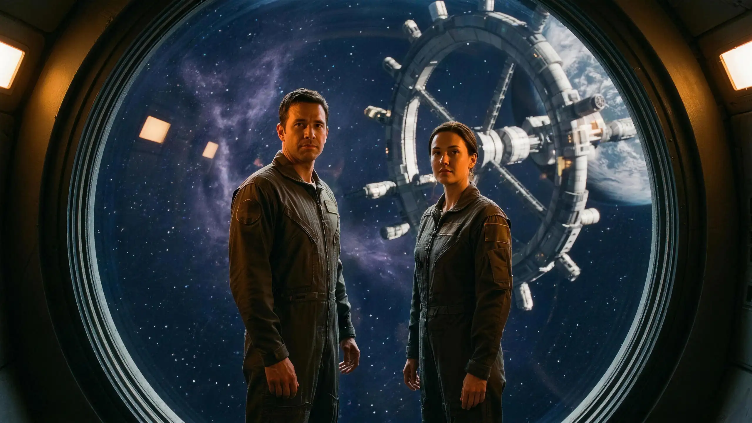 Two crew in plain flight suits standing side by side in front of a station window, both faces turned to camera and both plainly human, a ring shaped dock and a planet behind them