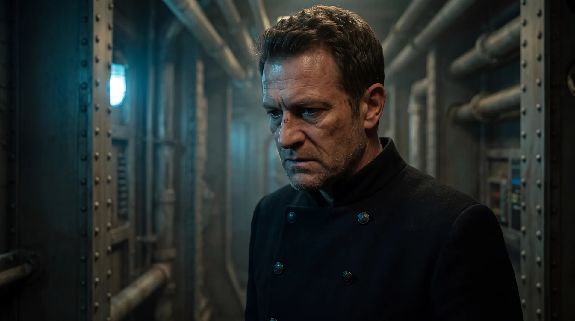 A morally gray antihero alone in a dim pipe lined service corridor, head lowered, a single cold light behind him