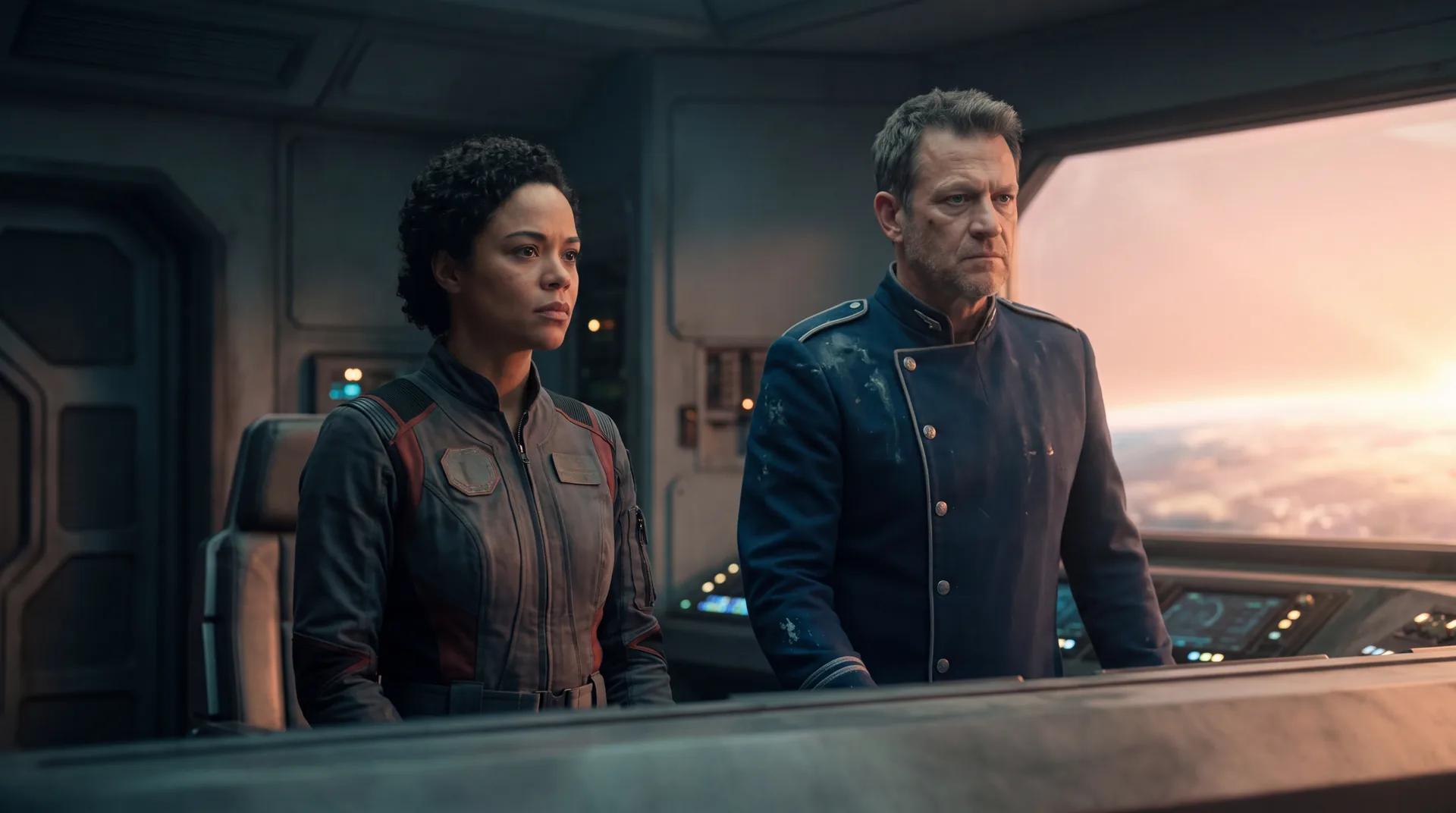 A morally gray commander and the pilot who should hate him, standing side by side at a starship viewport as a planet lightens below
