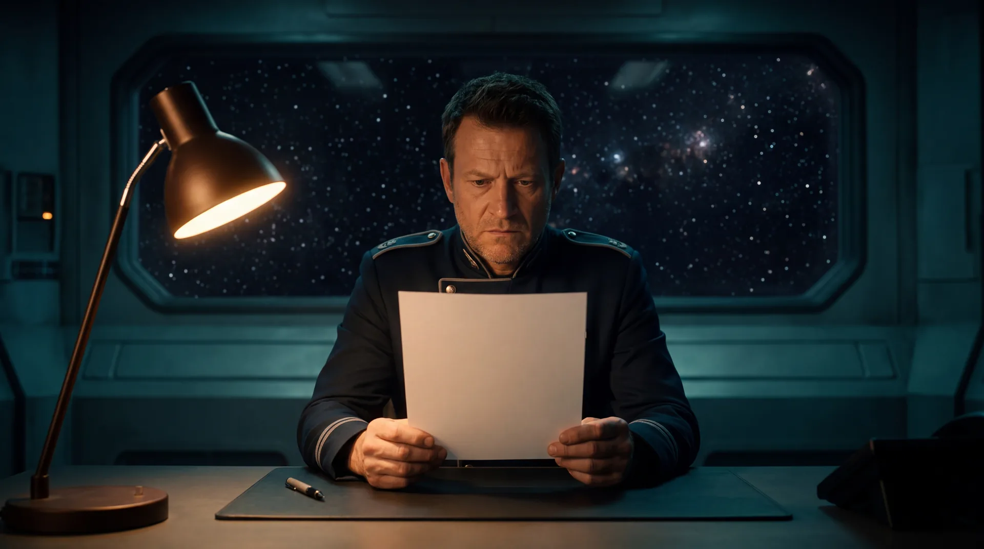 A morally gray commander alone at a desk under a single lamp, reading written orders with a starfield window behind him