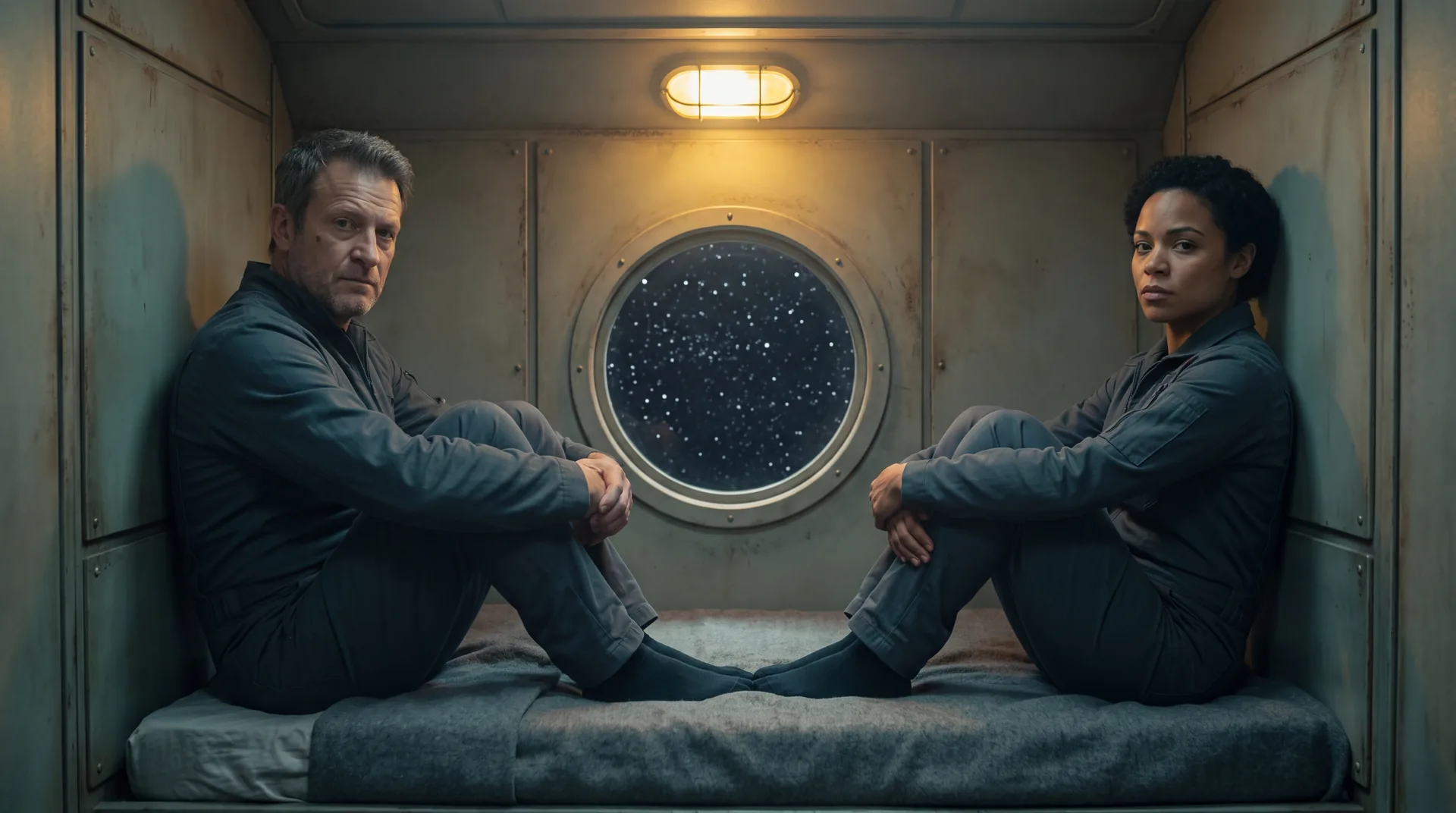 Two people sitting at opposite ends of a narrow spacecraft bunk, both faces lit, the only one bed trope in a starlit ship cabin