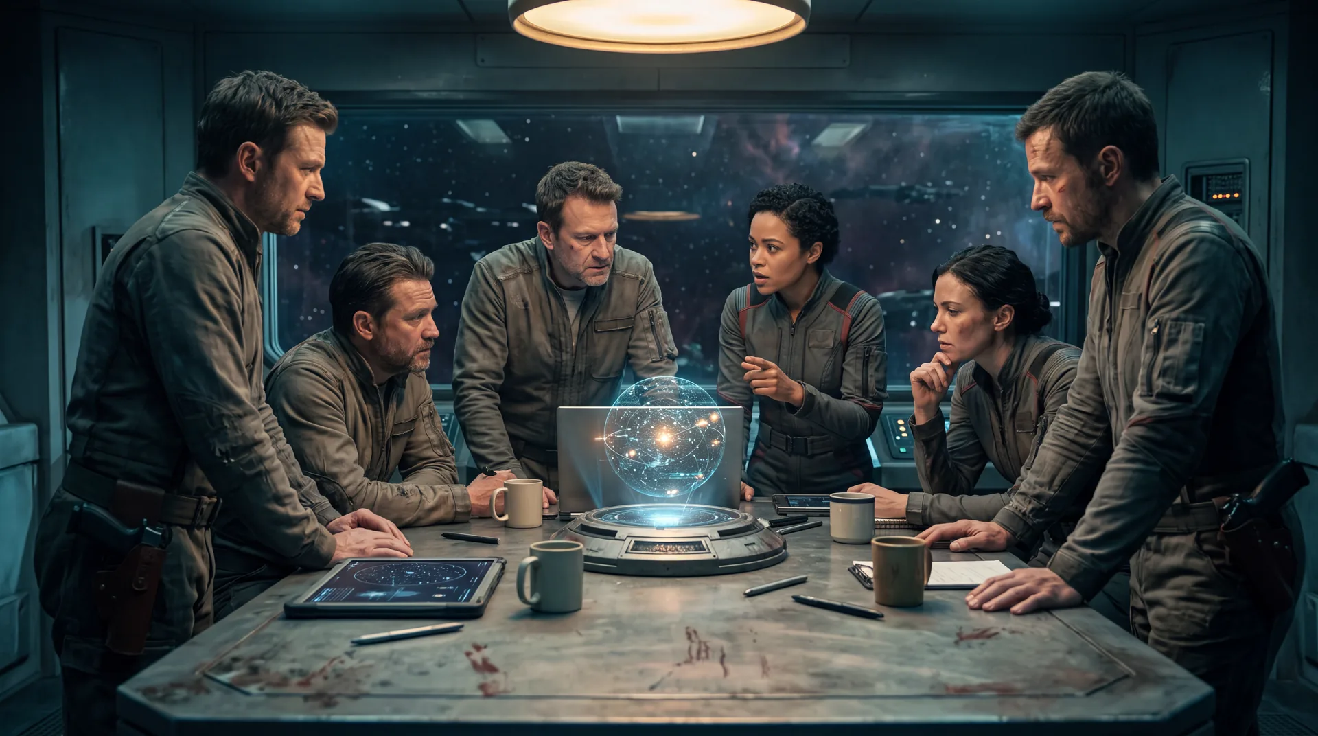 Six crew gathered around a scarred wardroom table mid briefing, a star chart glowing between them