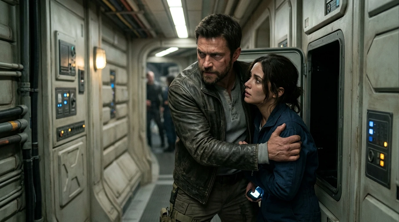 Two leads standing too close at a briefing, the touch starved tension that makes the touch her and die trope sci fi hit hard