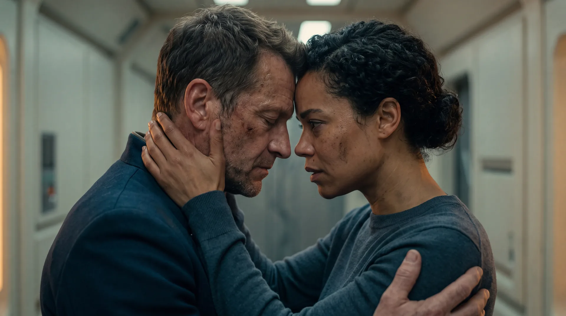 Two figures finally reaching for each other across deep space, the payoff of a touch her and die trope sci fi slow burn