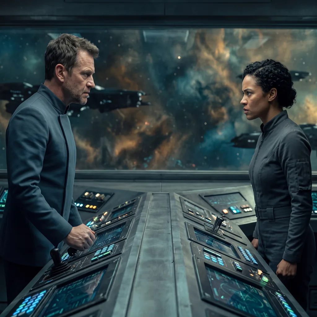 Enemies to lovers sci fi romance standoff: two figures facing each other across a starship bridge, sensor displays glowing