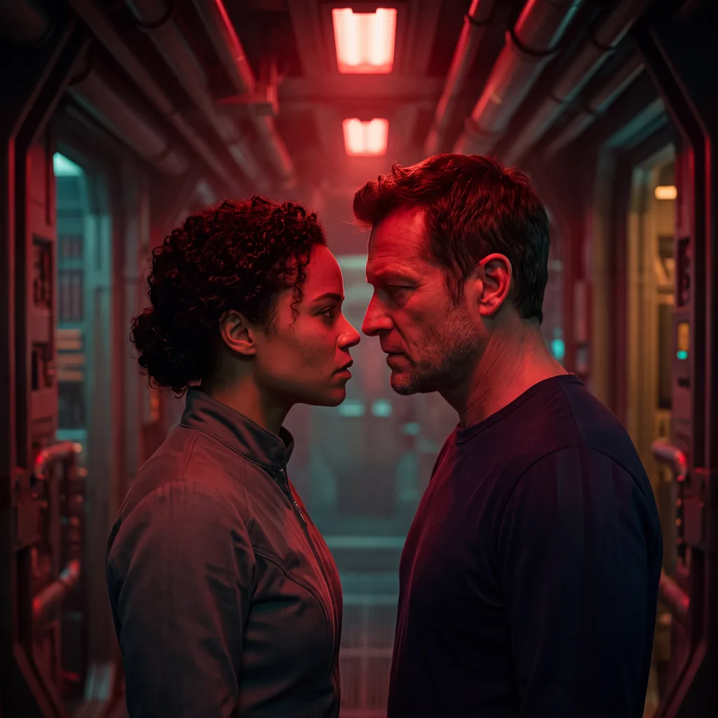 High tension moment in the slow burn sci fi romance: two crew members close together in a starship corridor bathed in red emergency lighting