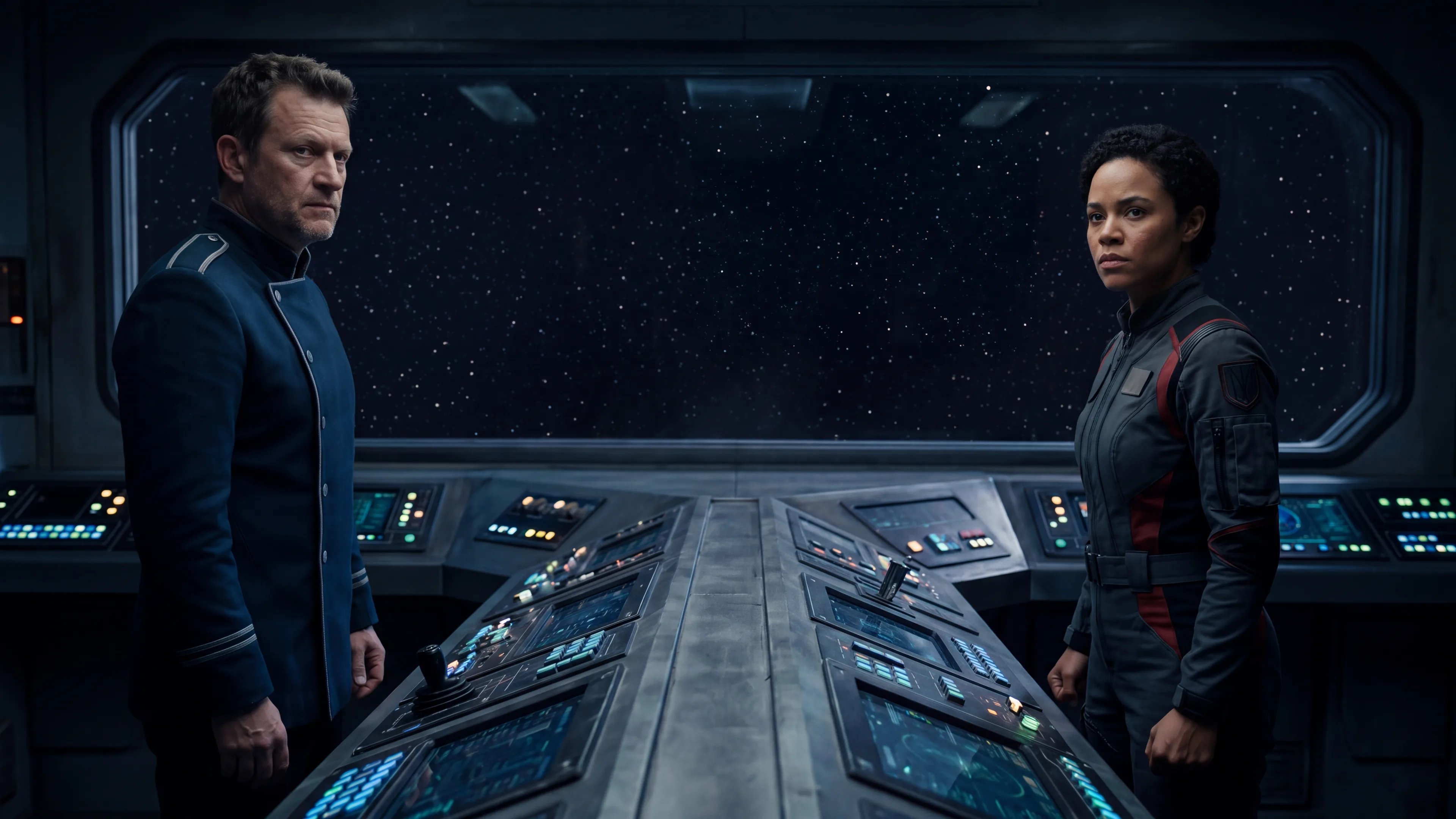Kira and Thane facing camera from opposite ends of the bridge of the Meridian, a field of stars through the viewport between them