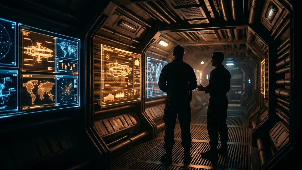 Two human officers standing apart in a low lit corridor of the Meridian, neither of them closing the gap