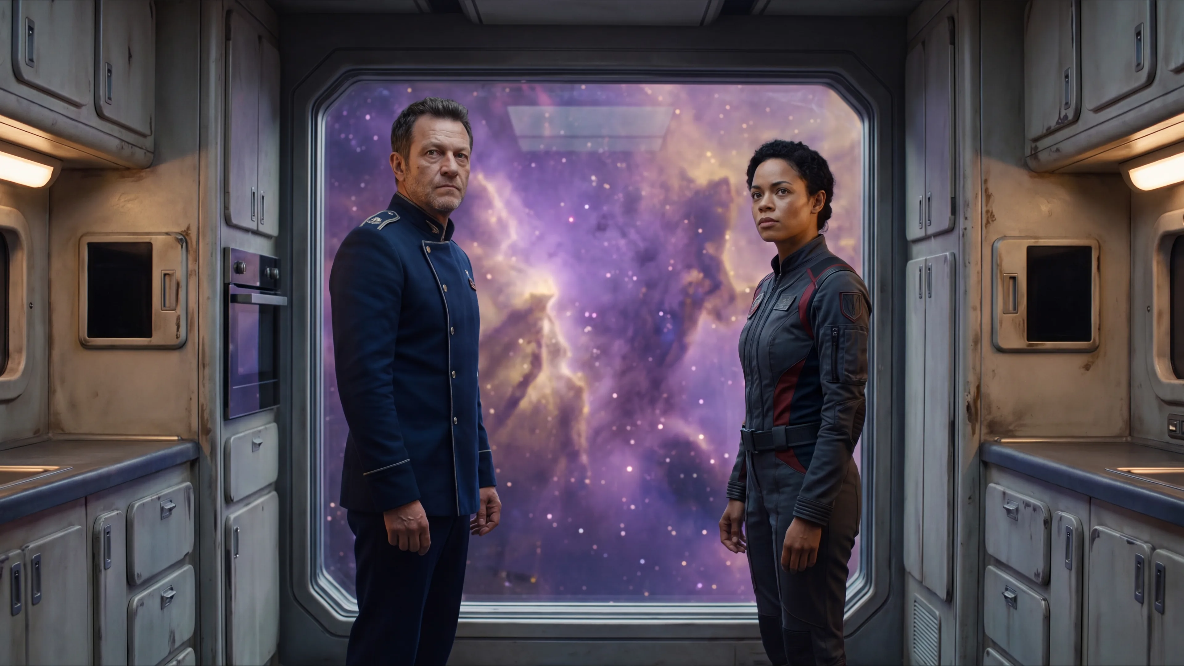 The two leads of the indie sci fi romance series standing a pace apart at a viewport, both faces lit against a violet and gold nebula