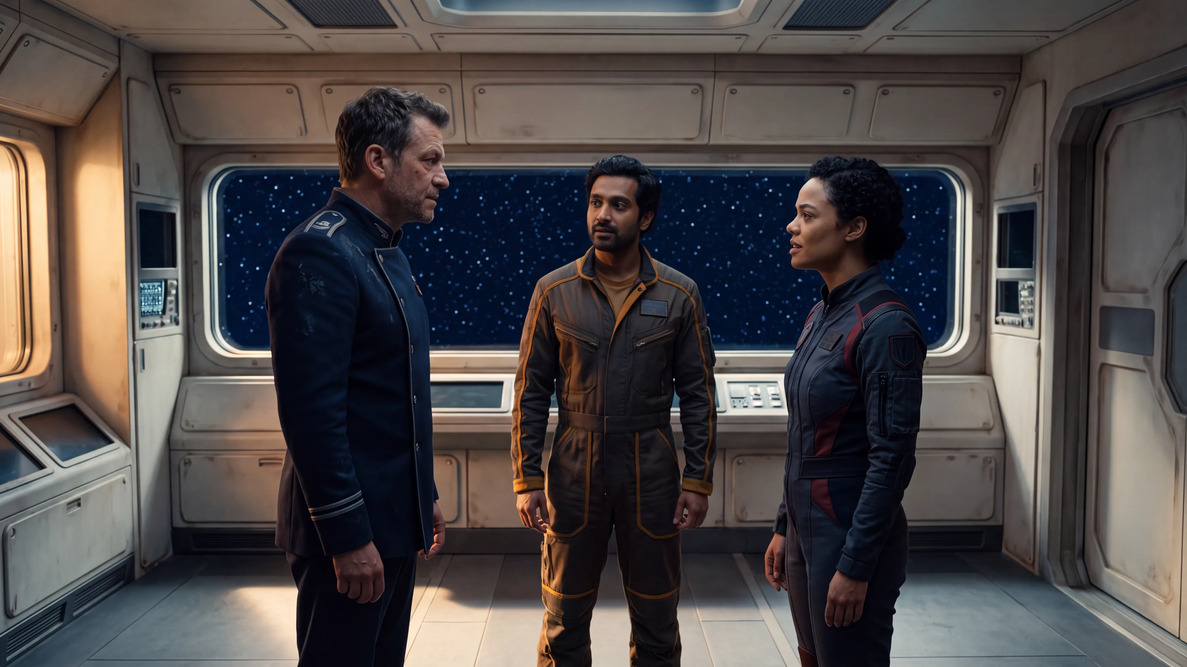 Three human crew of the indie sci fi romance series talking together on the observation deck, a starfield through the long viewport behind them