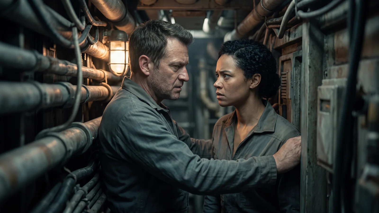 Two crew members wedged close together in a cramped starship crawlway with nowhere to move apart, the forced proximity trope