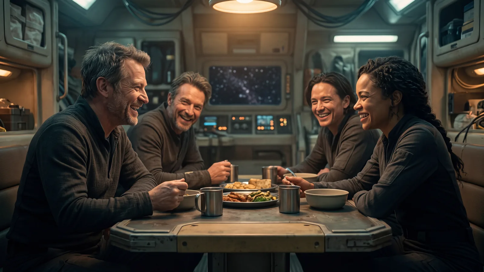 Five crew members laughing together over a shared meal in a starship galley, the belonging at the heart of the found family trope