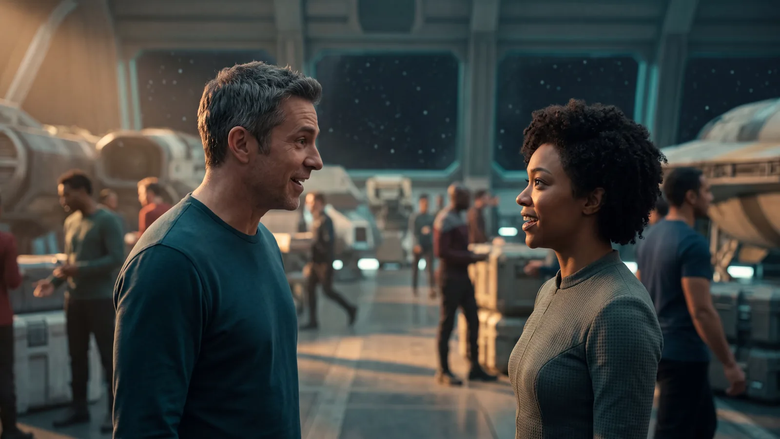 Two crew members catch sight of each other for the first time across a busy starship hangar, the instant recognition of insta love