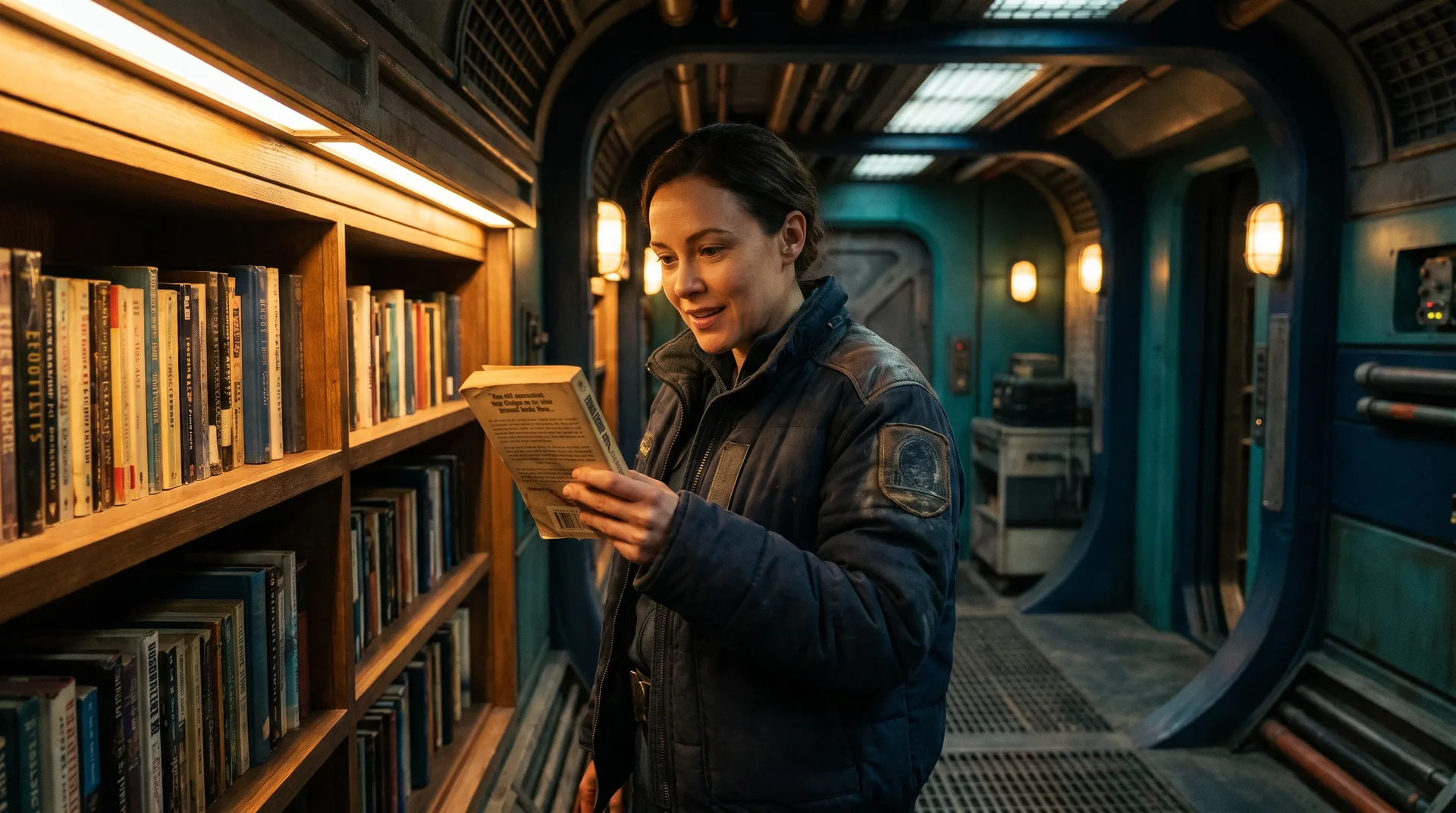 A crew member pulling a paperback from a lit shelf in a starship corridor, the 2026 sci fi romance releases shelf