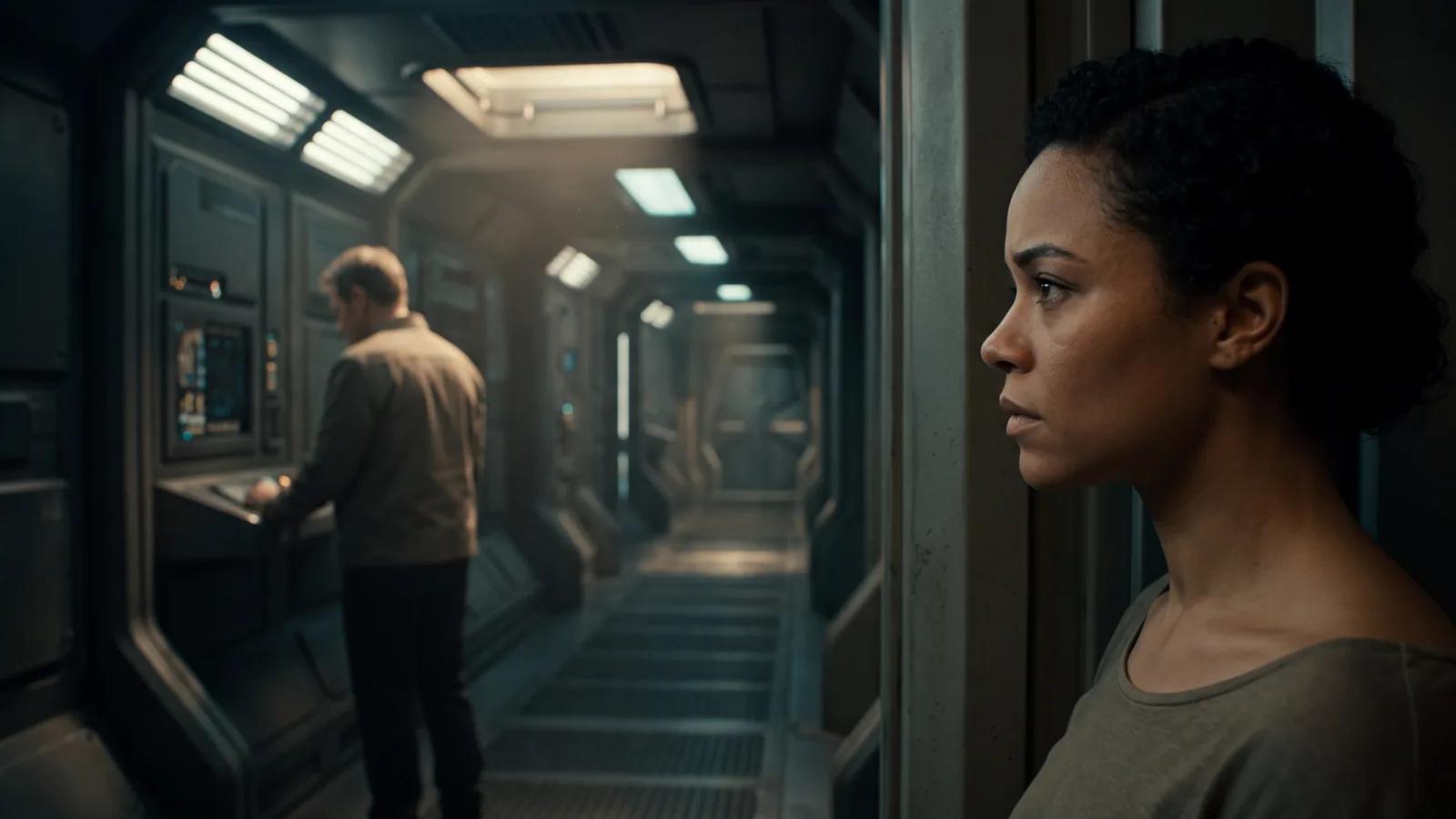 A crew member watches the man she wants from across a starship corridor while he is turned away, the ache of pining in romance