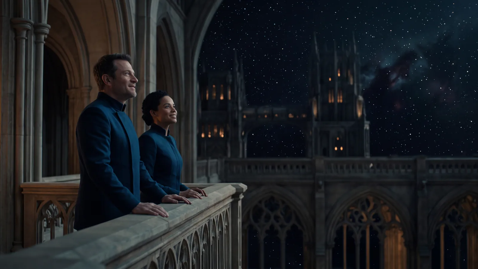 Two crew members stand beneath the stars on an ornate high balcony, the sweep and wonder romantasy borrows from fantasy