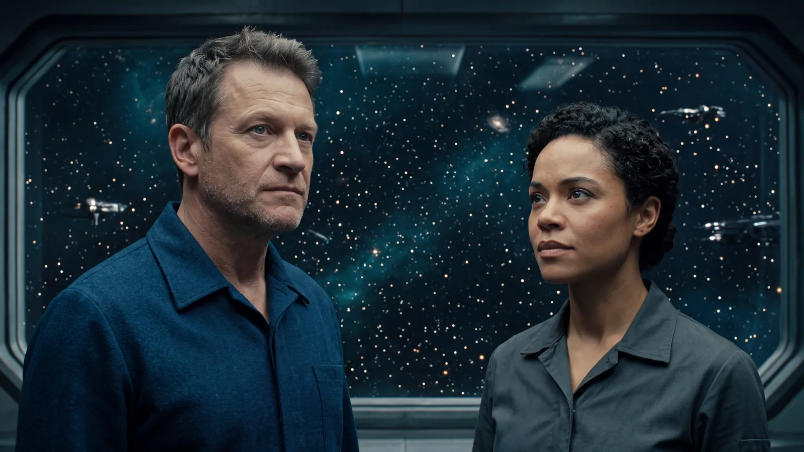 Two crew members at a starship viewport looking out at a vast starfield, the sense of wonder shared by romantasy and sci fi romance