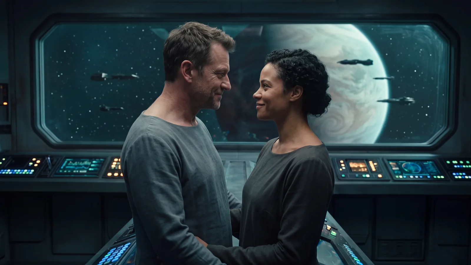 Two crew members hold hands on a starship bridge with a planet turning beyond the viewport, romance and space travel in one frame