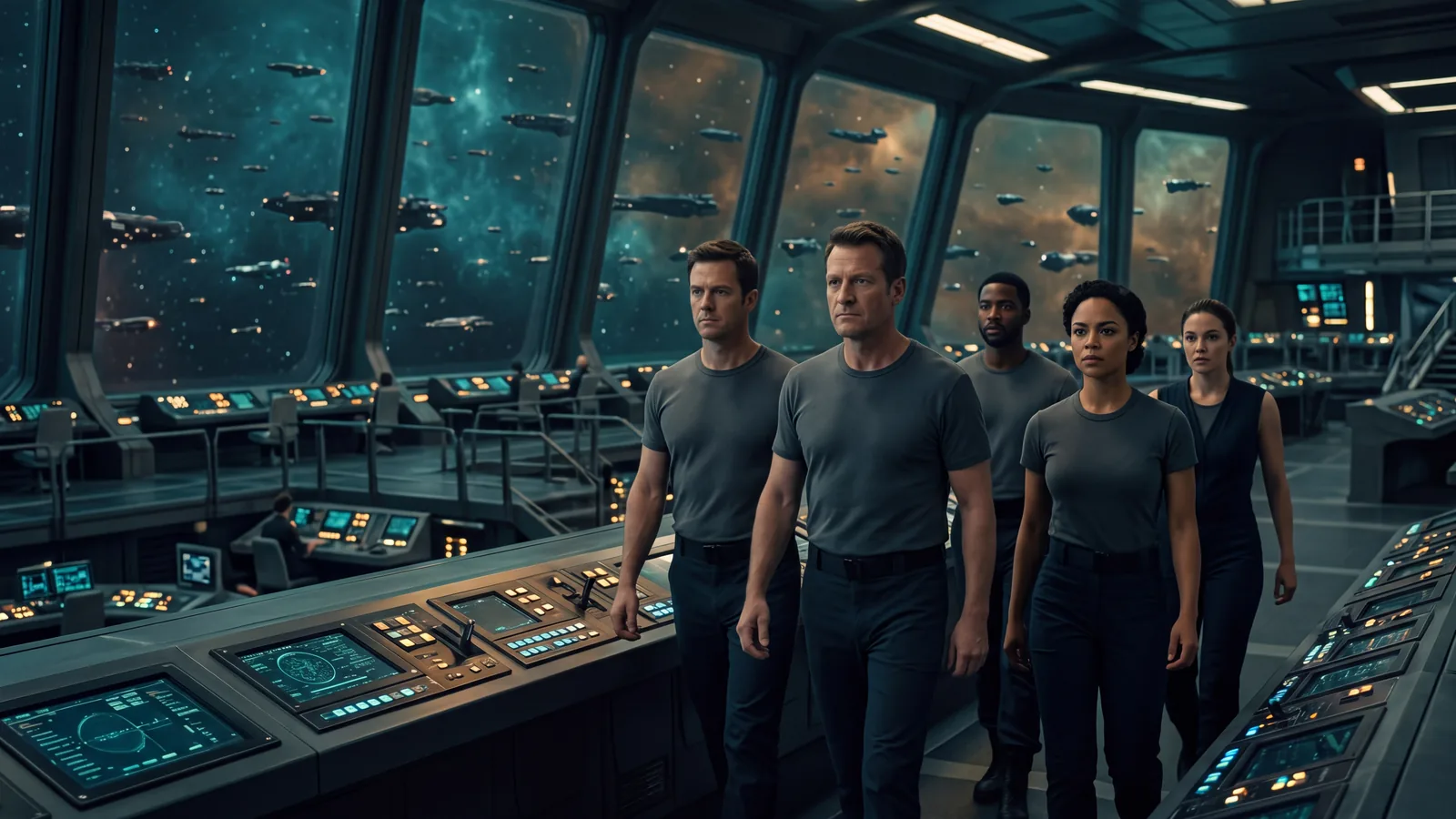 A crew walks the command deck of a vast starship with a fleet beyond the windows, the scale that defines space opera