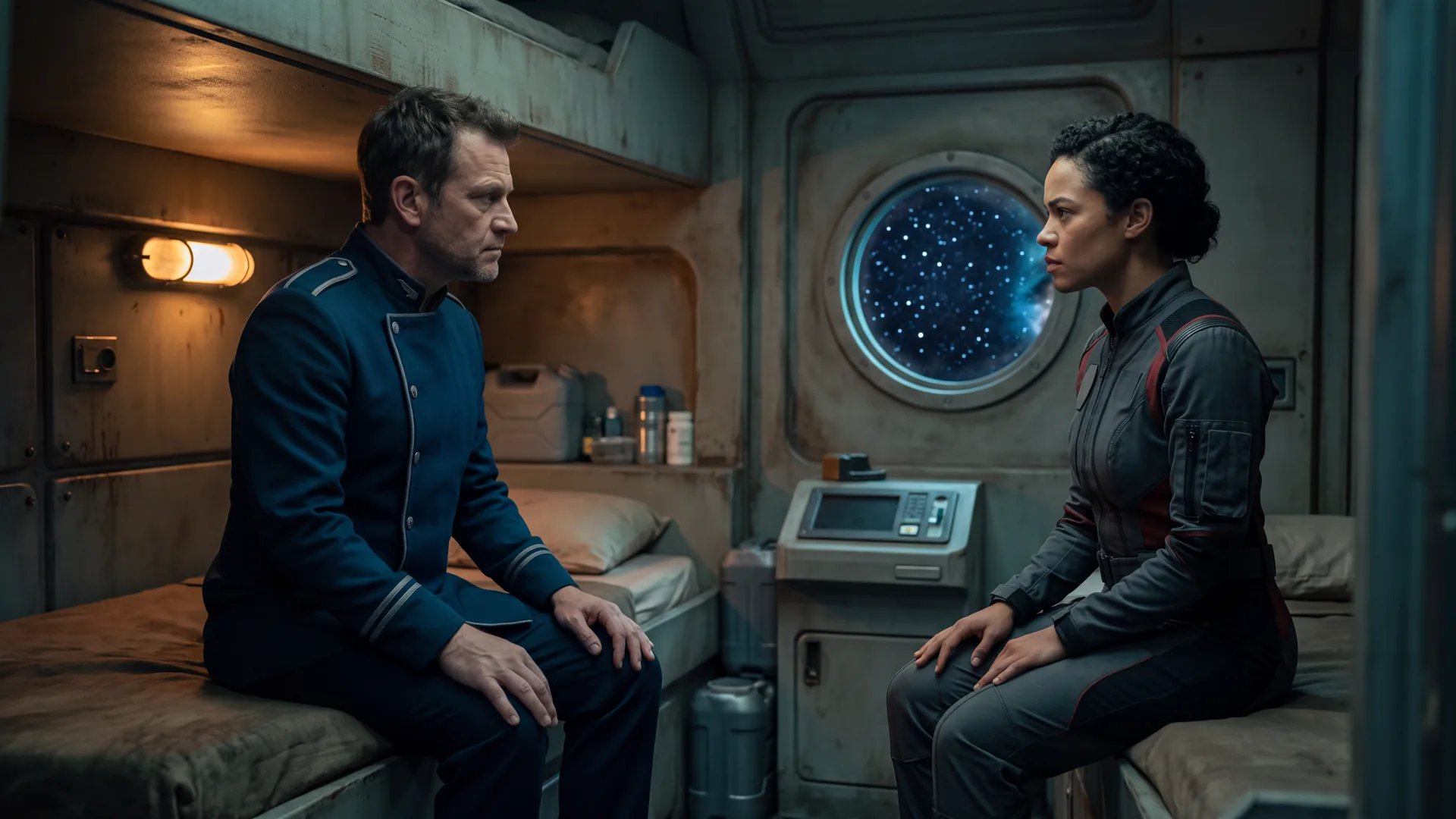 Two crew members sit apart on facing bunks in a starship cabin, fully clothed and holding a long look, the restraint that marks a lower heat level