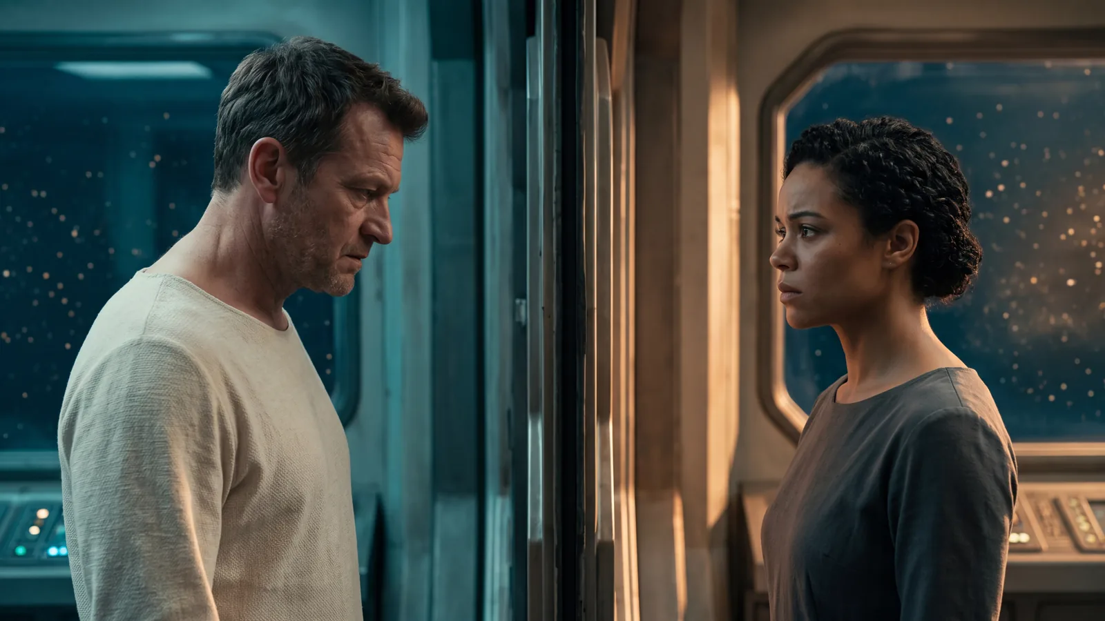 Two crew members stand apart on either side of a closing starship door, both stricken, the low point of a third act breakup