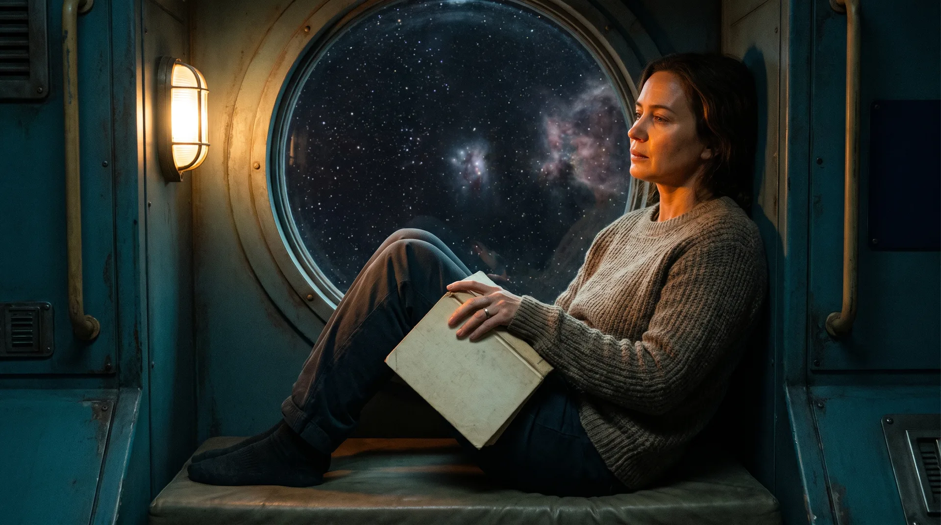 A reader sitting with a just finished book closed on her lap, gazing out at the stars, the ache of a book hangover