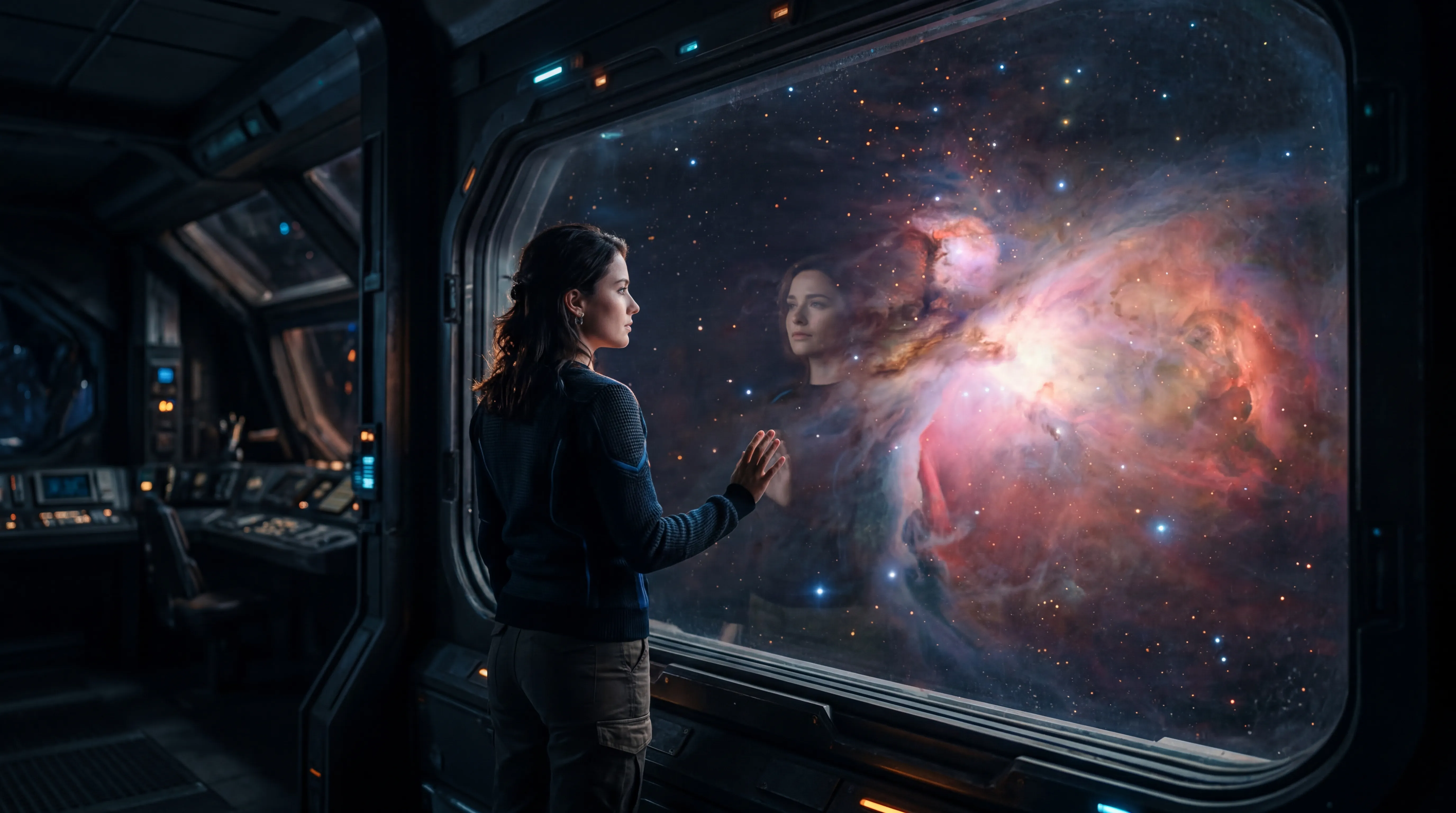 A woman alone at a wide ship viewport with her palm flat on the glass, her own reflection looking back at her out of a red and gold nebula