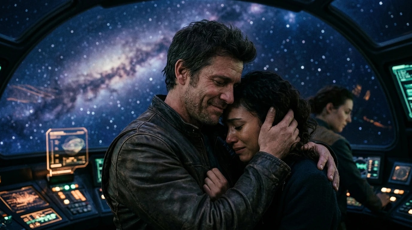 A man holding a weeping woman against his shoulder in a starship cockpit, one hand at the back of her head, the arm of the galaxy filling the canopy
