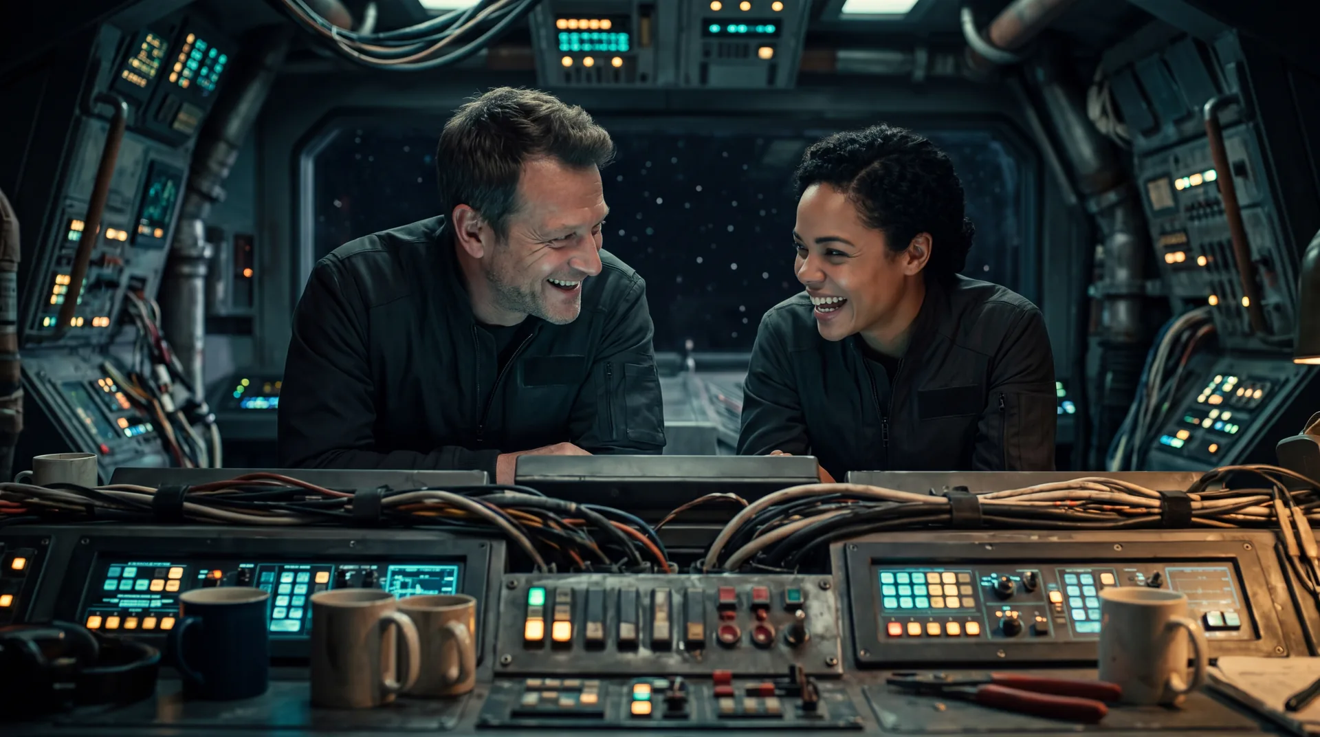 The two leads of The Starfall Accord leaning over a lit engineering console and laughing together, mugs and cable looms across the bench in front of them