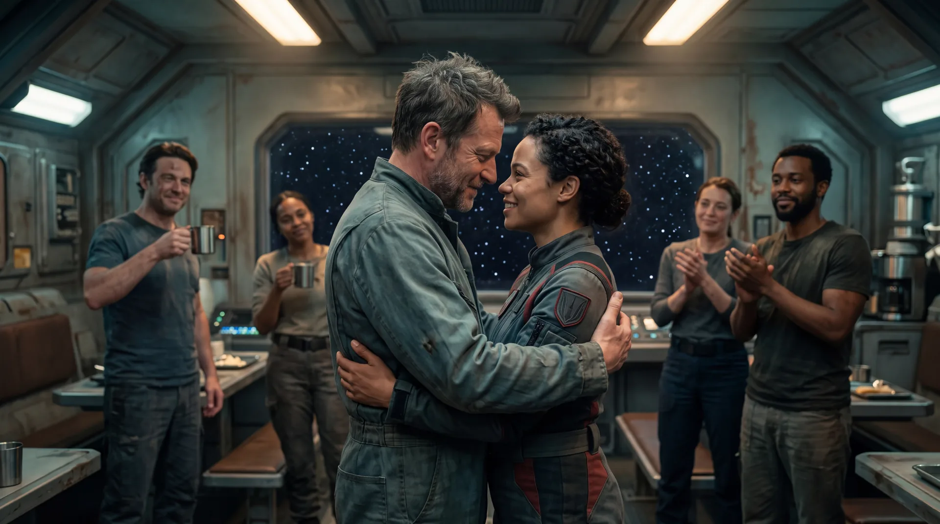 The two leads holding each other in a starship mess hall while four crewmates look on, clapping and raising mugs