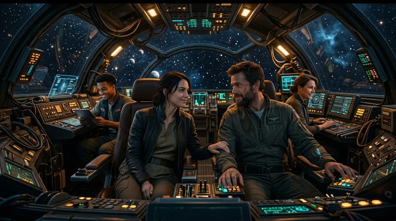 Atmospheric scene of a starship corridor lit by emergency lighting, mood-setting visual for fantasy romance readers exploring space opera