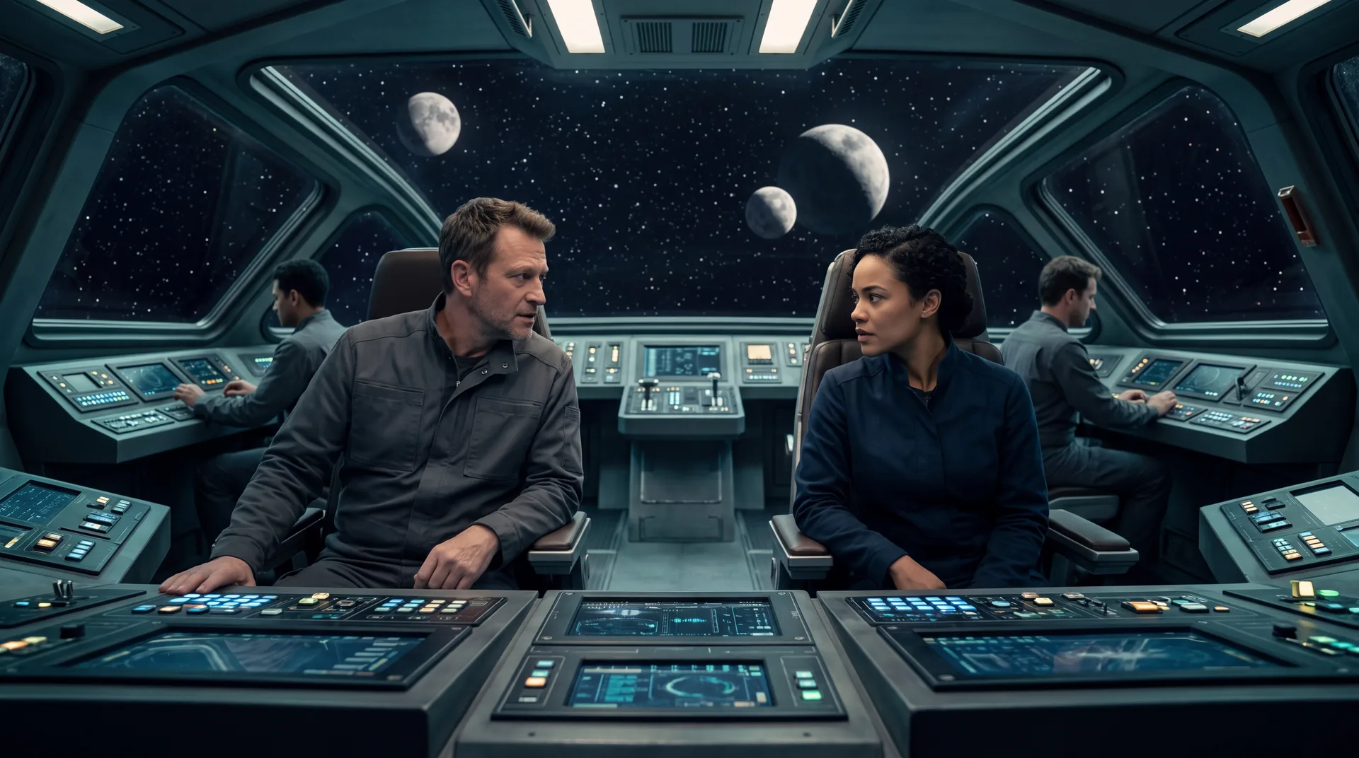 Two officers seated side by side at the flight controls of a starship, two moons beyond the forward canopy