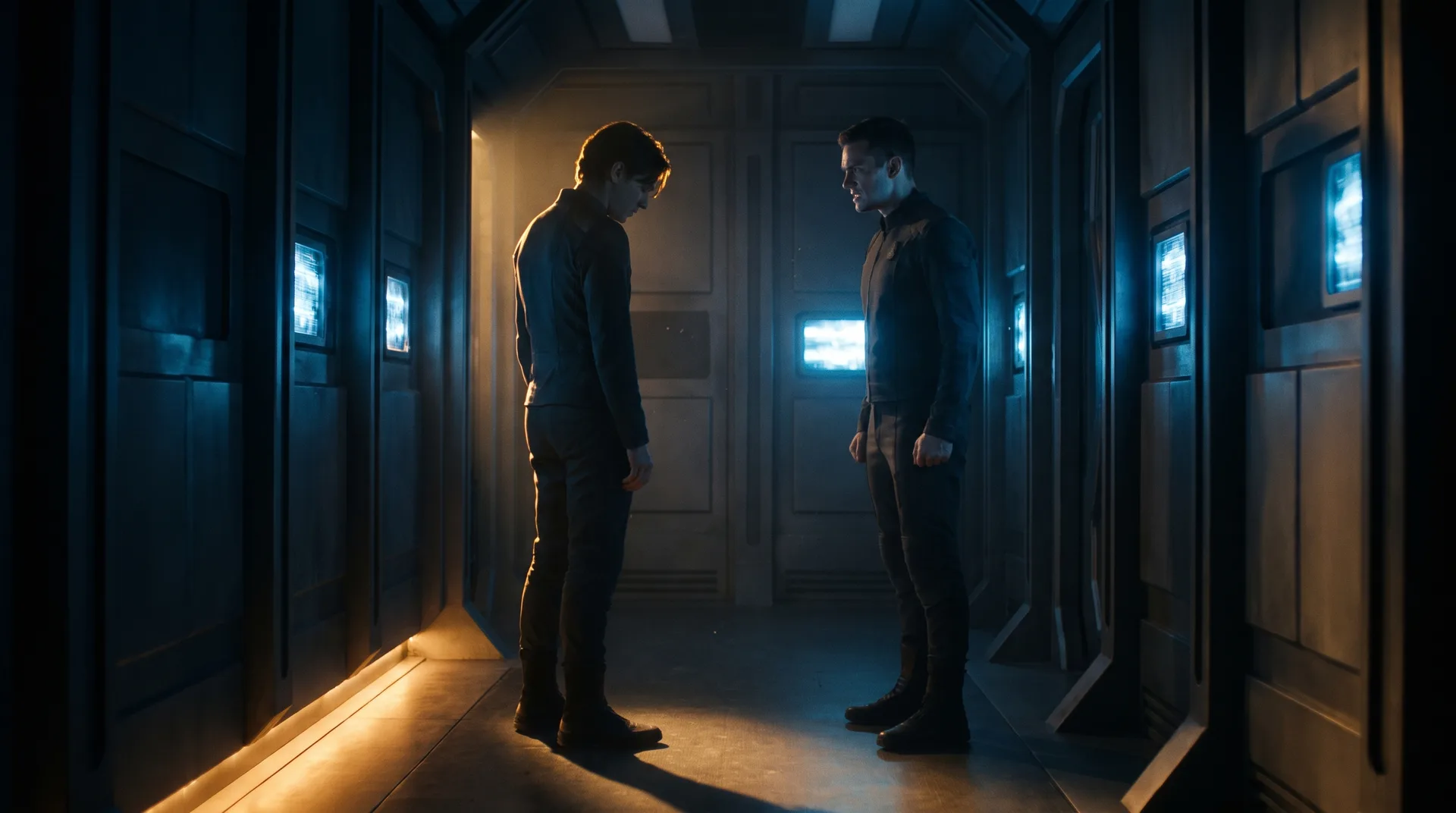 An enemies to lovers standoff a meter apart in a dim starship corridor, one already turning away while the other holds their ground