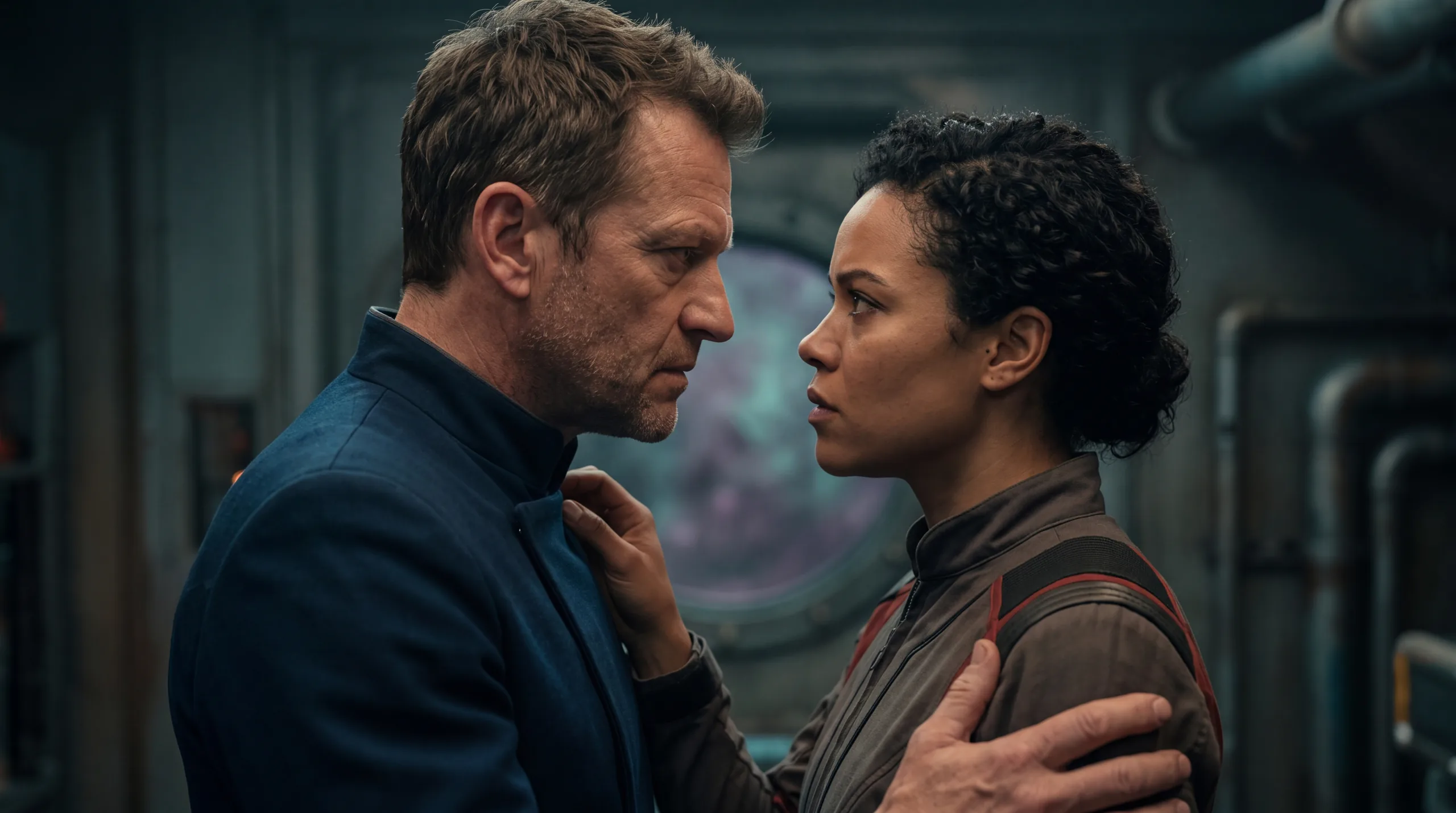 Two officers standing close enough to touch, her hand at his collar and his at her arm, a lit porthole between their faces