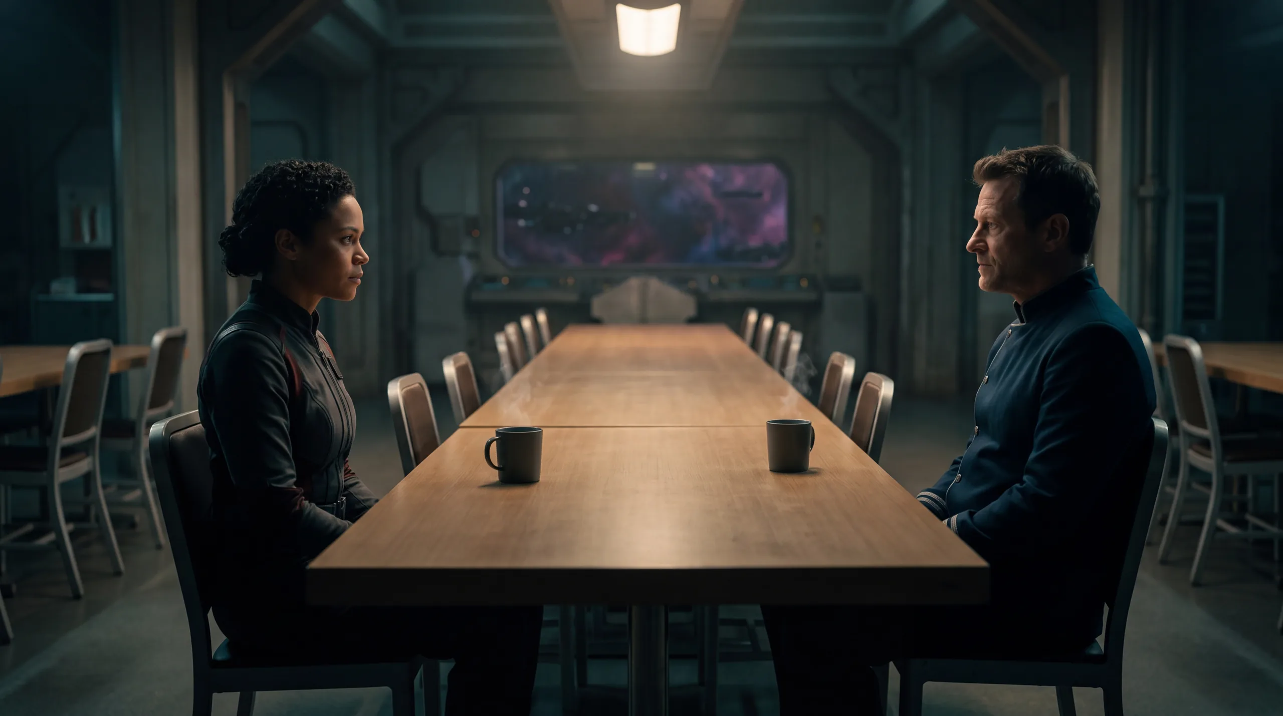 Two officers seated at opposite ends of a long empty conference table, one mug each and every other chair unfilled, a nebula through the window between them
