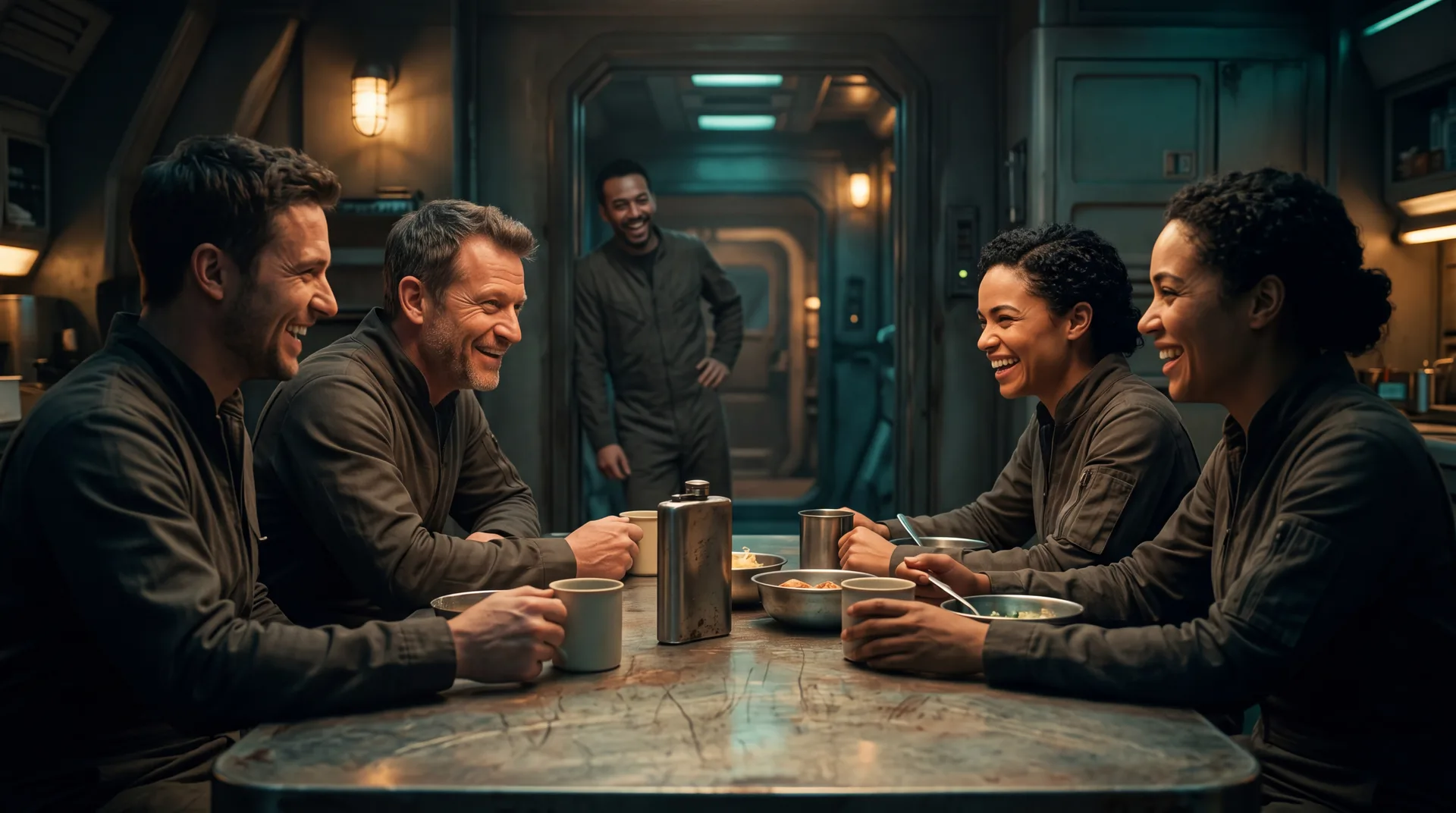 A starship crew gathered in amber light watching one person enter, the found family space crew romance bond forming
