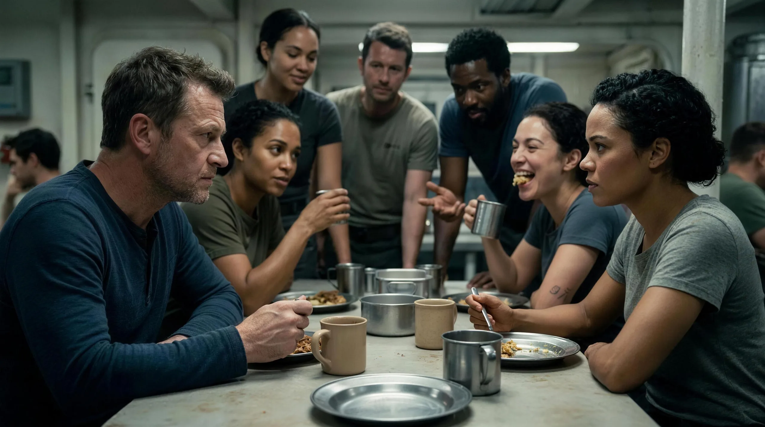 Seven crew crowded around a scratched mess table mid conversation, tin mugs and plates between them, one of them laughing with her mouth full