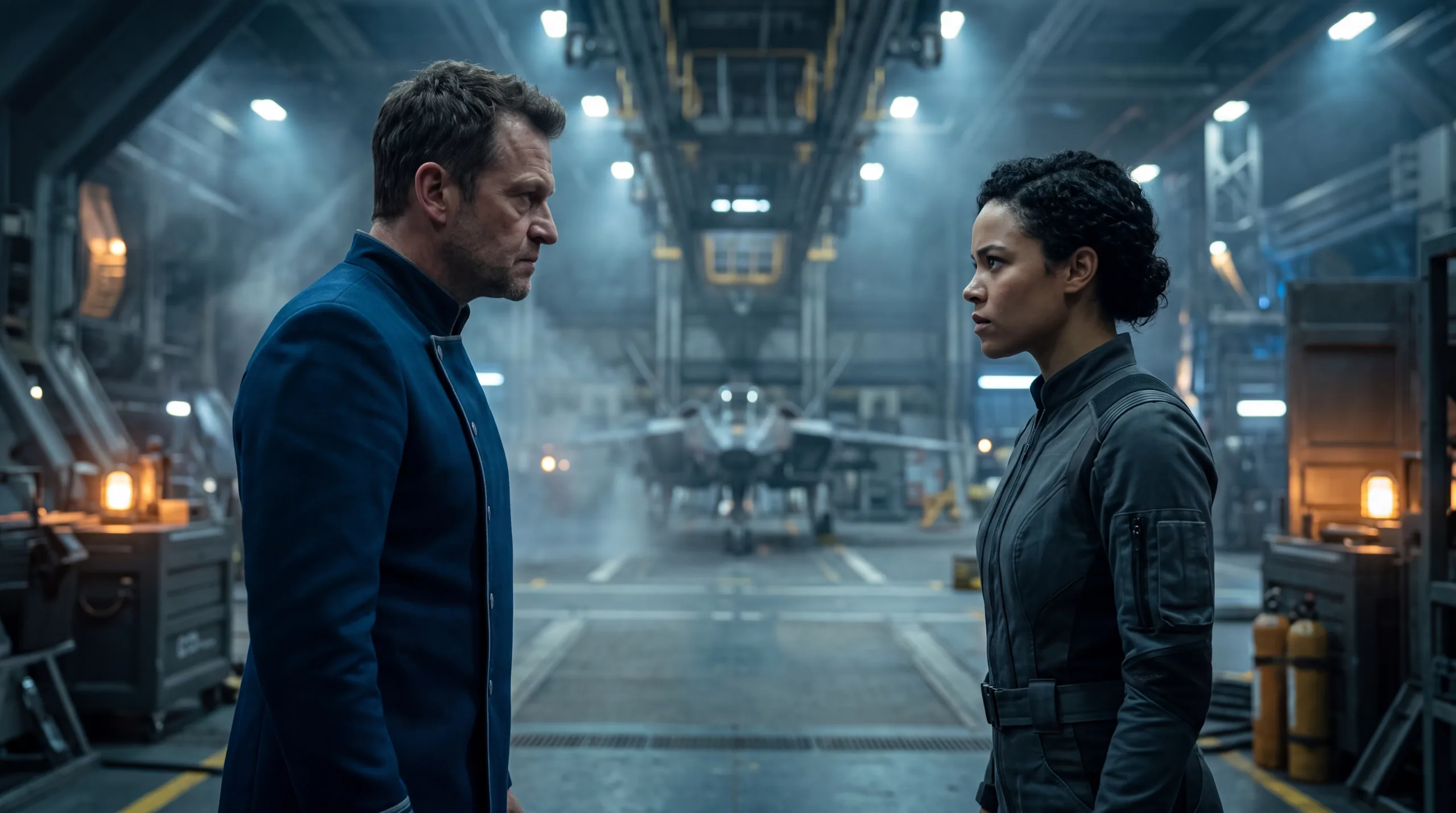 A commander and a pilot squared up to each other on a misted hangar deck, a fighter craft parked on the launch line behind them